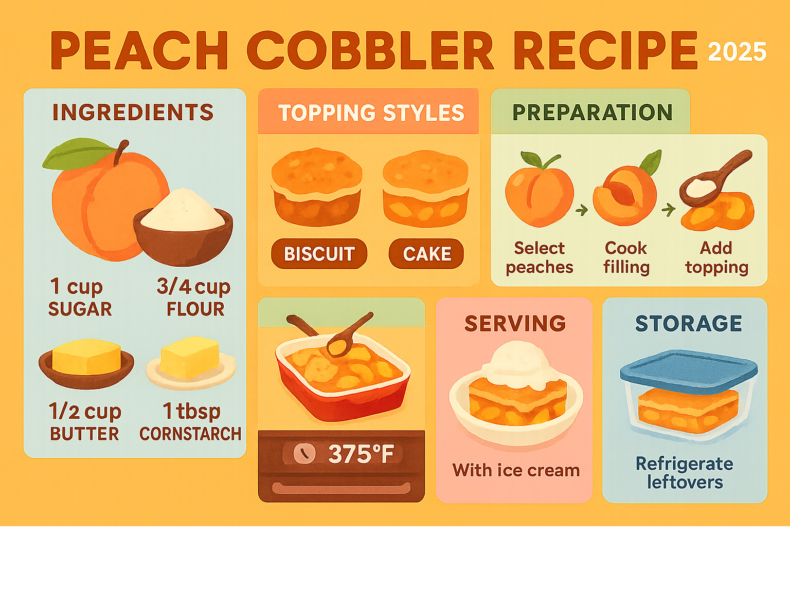 Comprehensive peach cobbler recipe guide showing ingredient ratios, two topping styles (biscuit vs cake), preparation steps from peach selection to final baking, serving suggestions with ice cream, and storage tips for leftovers - peach cobbler recipe infographic 