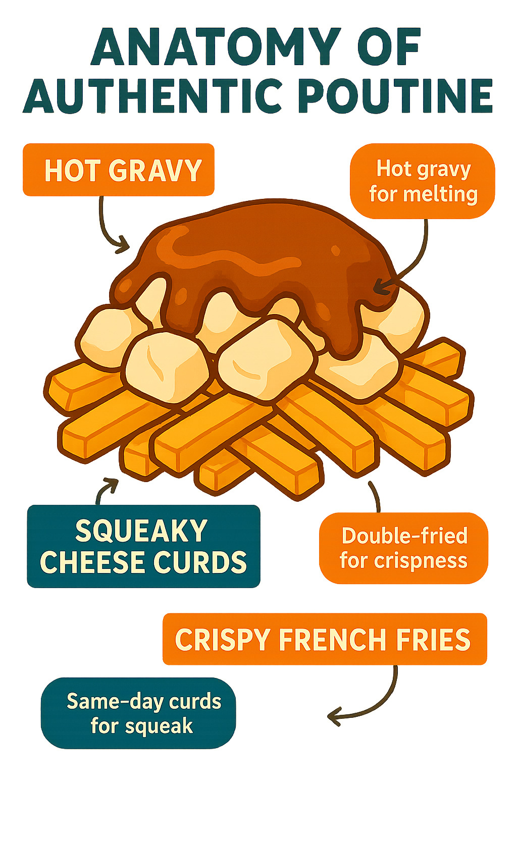 Infographic showing the anatomy of authentic poutine with three distinct layers: golden crispy french fries on bottom, white squeaky cheese curds in middle, and rich brown gravy cascading over top, with labels pointing to each component and quality indicators like "double-fried for crispness," "same-day curds for squeak," and "hot gravy for melting" - poutine infographic 