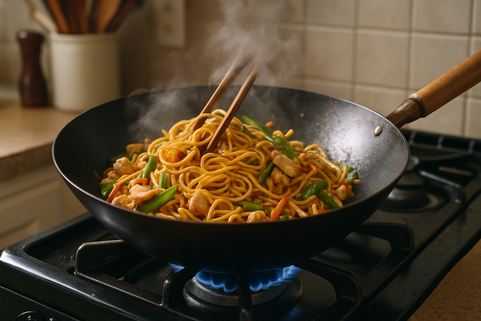 wok with chow mein being stir-fried - chow mein