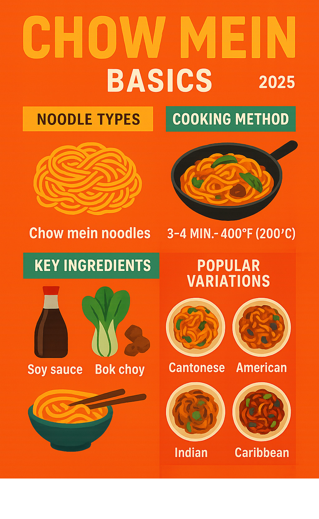 Comprehensive infographic showing chow mein basics including noodle types, cooking methods, key ingredients, and popular global variations with cooking times and temperatures - chow mein infographic 