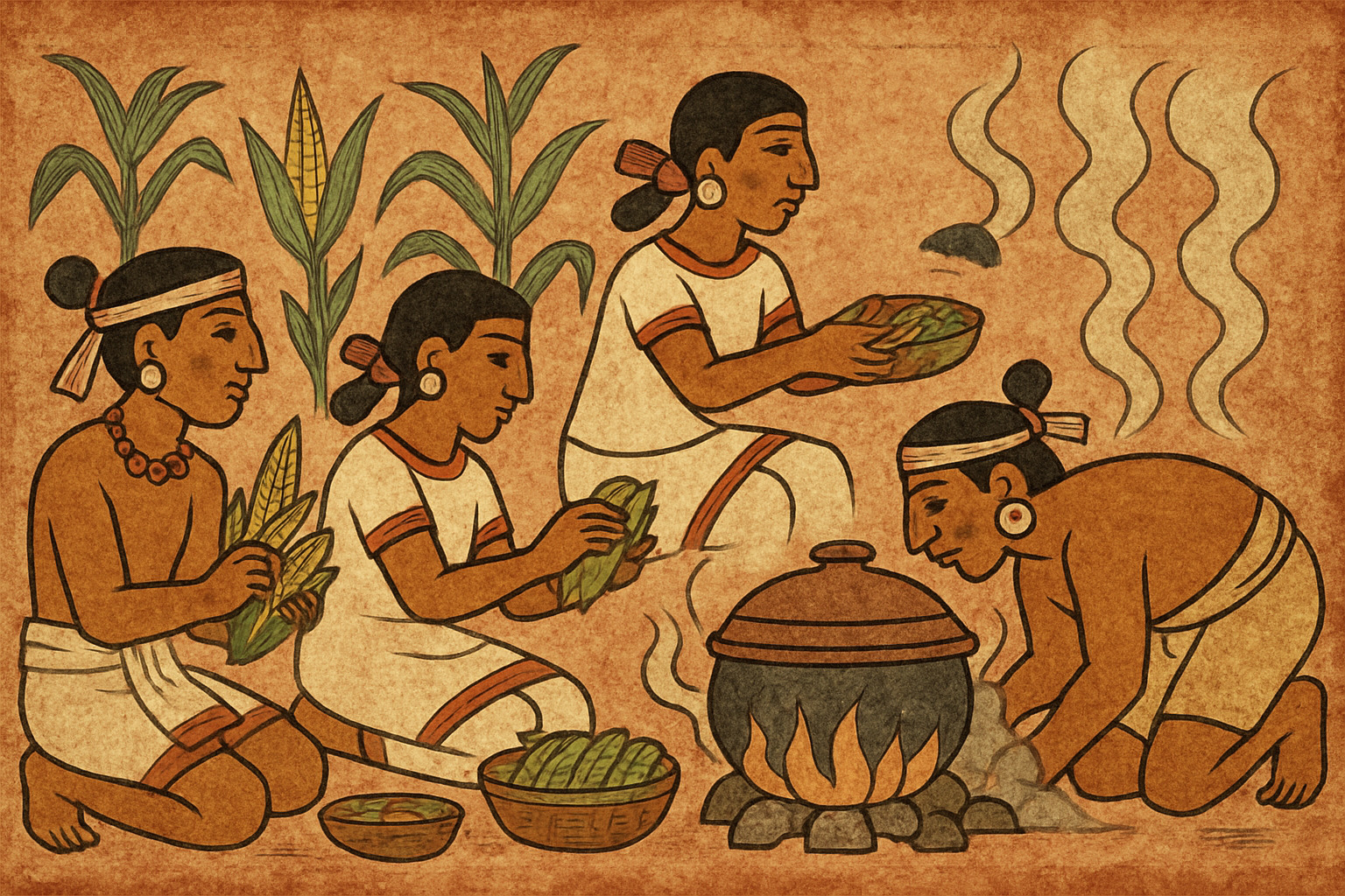 Pre-Columbian mural depicting ancient tamale preparation - tamales