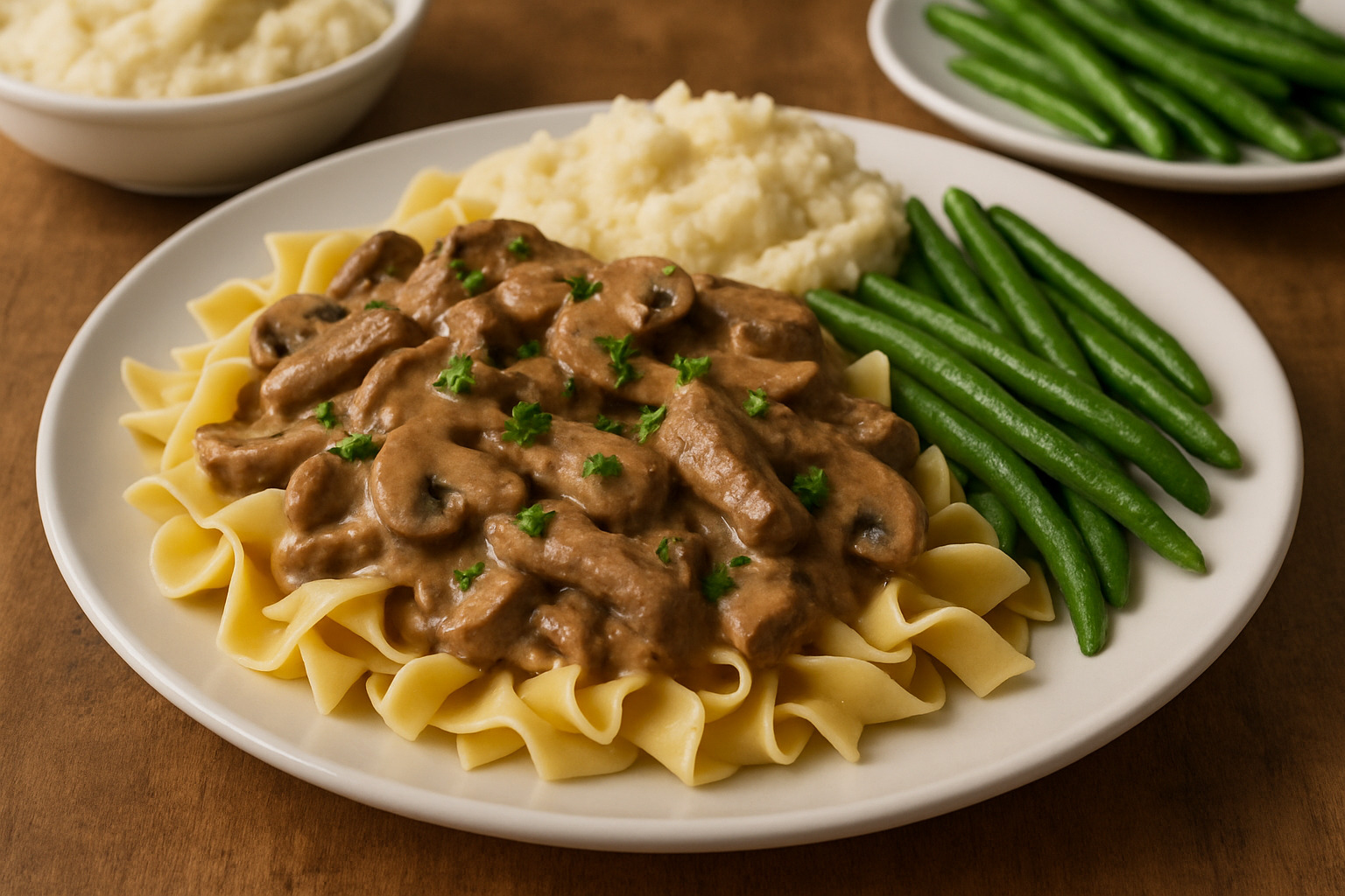 plated stroganoff with various sides - beef stroganoff