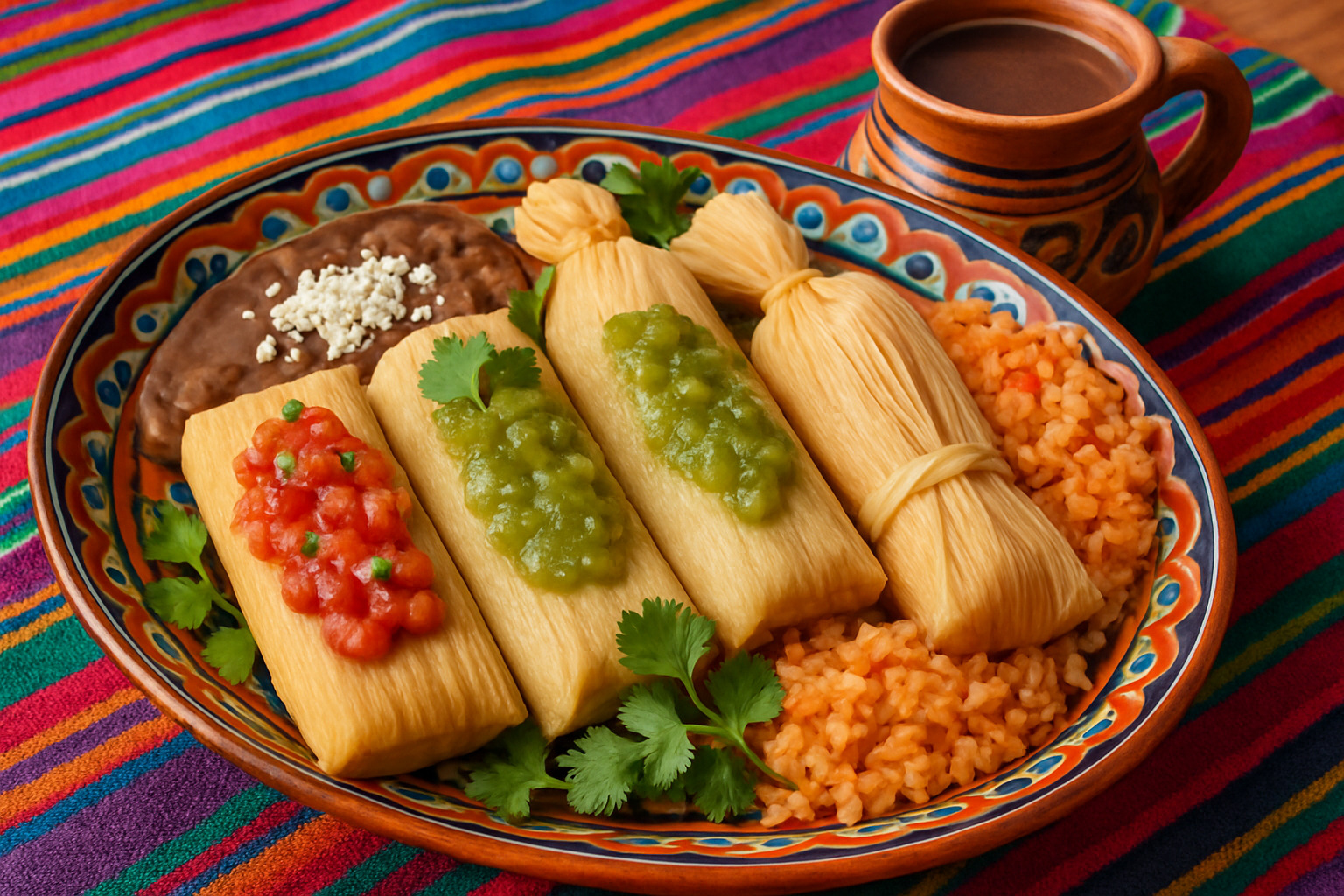 Beautifully plated tamales with traditional Mexican sides and garnishes - tamales