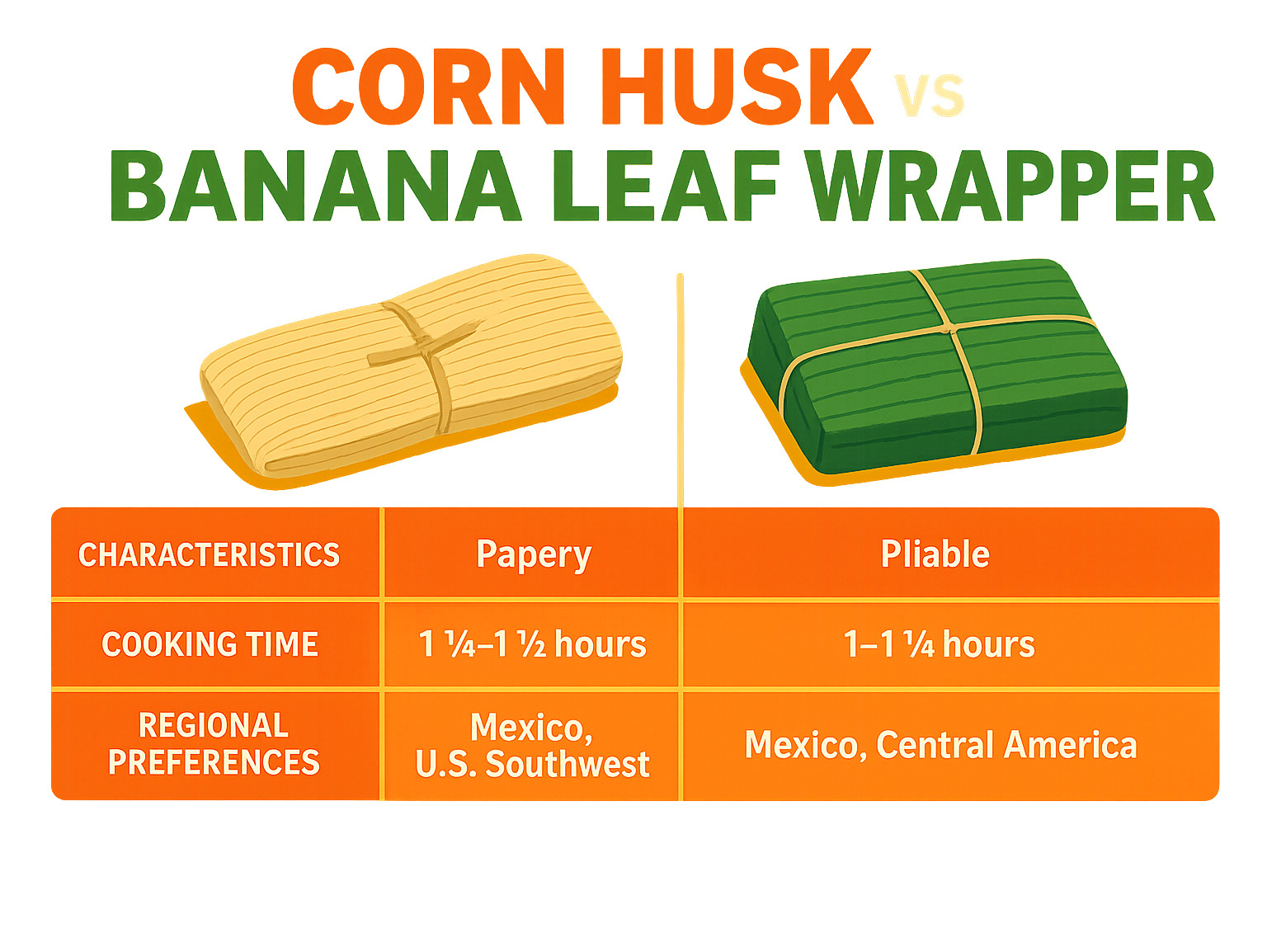 Comparison table showing corn husk versus banana leaf wrapper characteristics, cooking times, and regional preferences - tamales infographic 