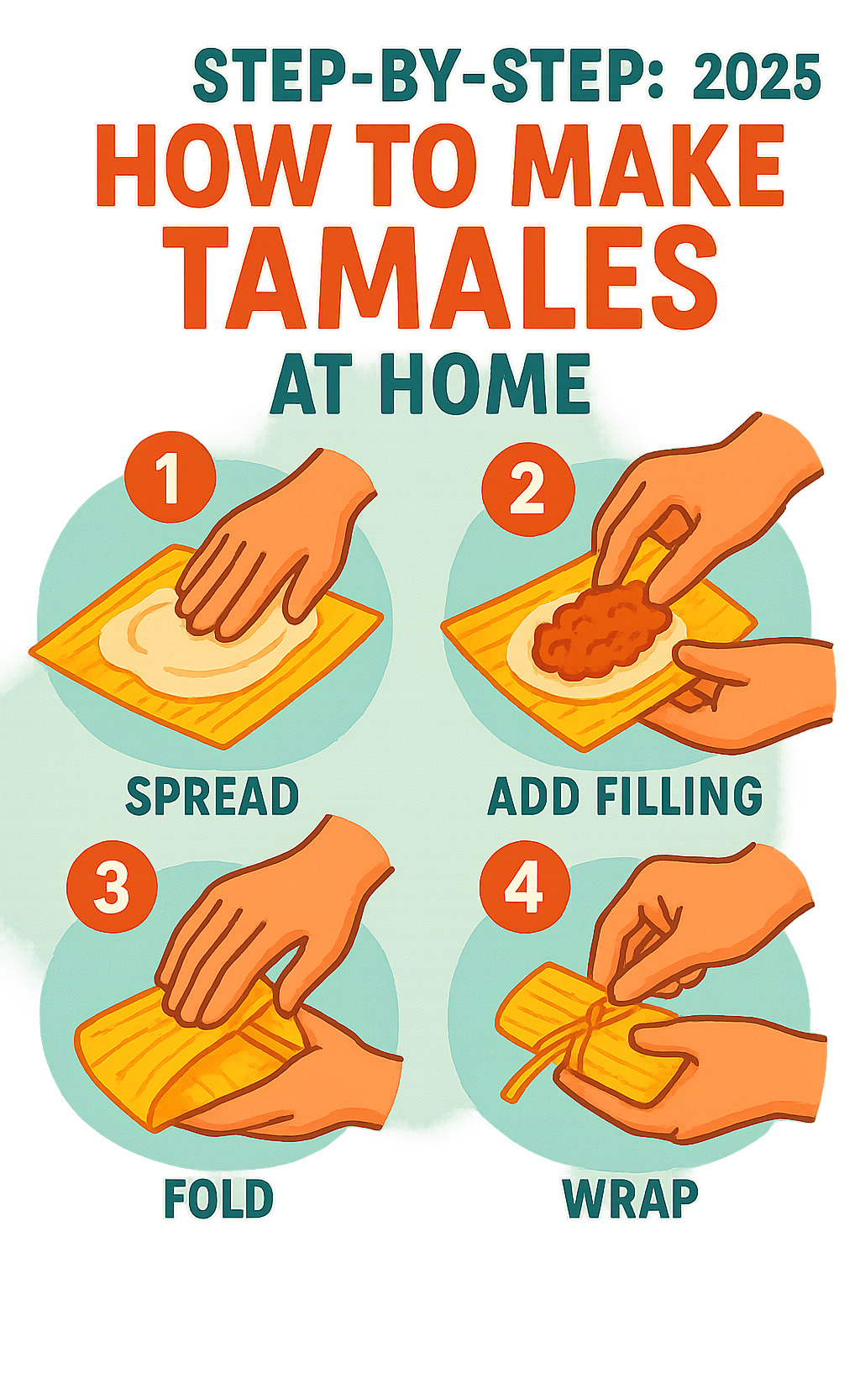 Step-by-step infographic showing proper tamale folding sequence with detailed hand positions and wrapping techniques - tamales infographic 