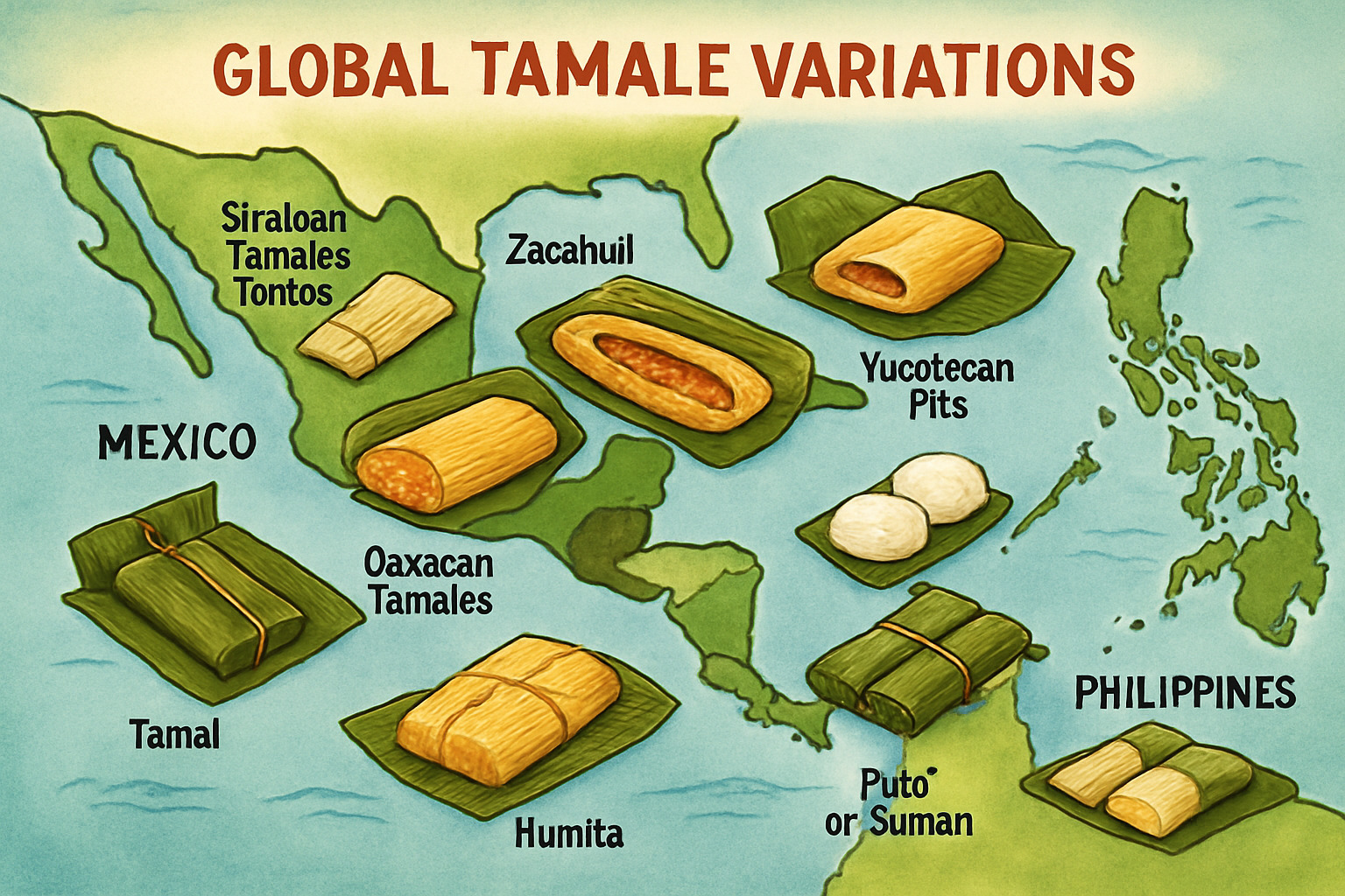 Global tamale variations map showing different styles from Mexico to the Philippines - tamales