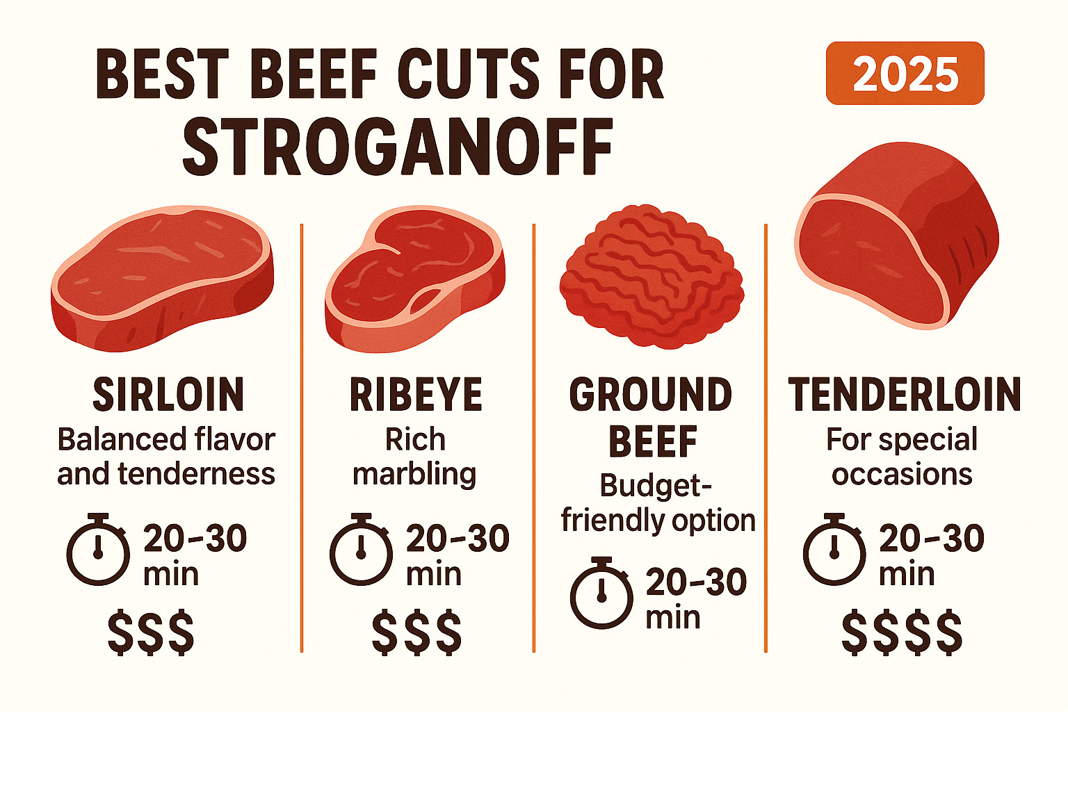 Infographic showing best beef cuts for stroganoff: sirloin for balanced flavor and tenderness, ribeye for rich marbling, ground beef for budget-friendly option, and tenderloin for special occasions, with cooking times and price points for each cut - beef stroganoff infographic 