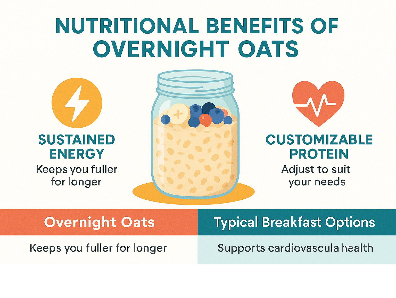 Nutritional benefits infographic showing overnight oats providing sustained energy, heart-healthy fiber, and customizable protein content compared to typical breakfast options - overnight oats recipe infographic 