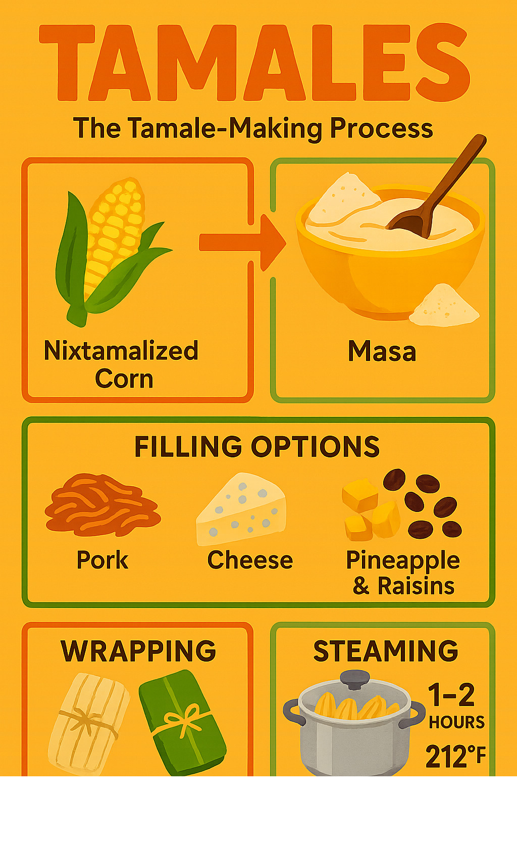 Detailed infographic showing the complete tamale-making process from nixtamalized corn to masa preparation, filling options, wrapping techniques, and steaming methods with timing and temperature guidelines - tamales infographic 