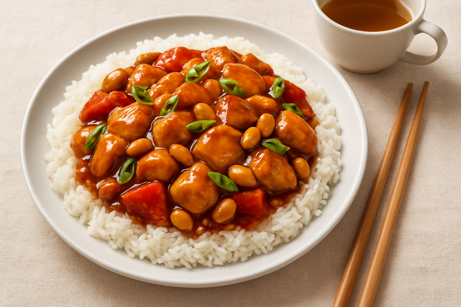 plated kung pao chicken over steamed rice with chopsticks and tea - kung pao chicken