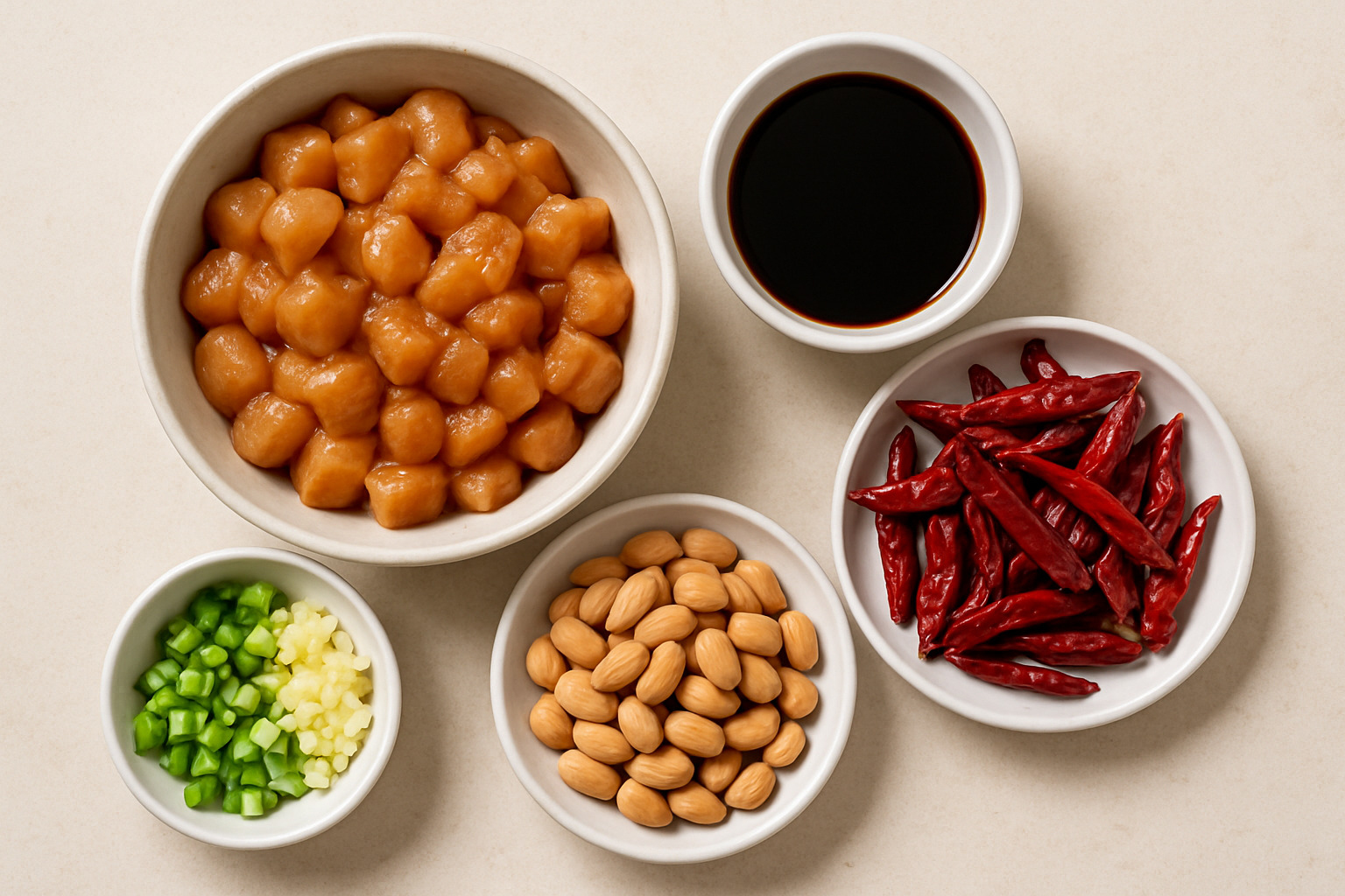 staged ingredients for kung pao chicken including marinated chicken, sauce bowl, chopped aromatics, dried chilies, and peanuts - kung pao chicken