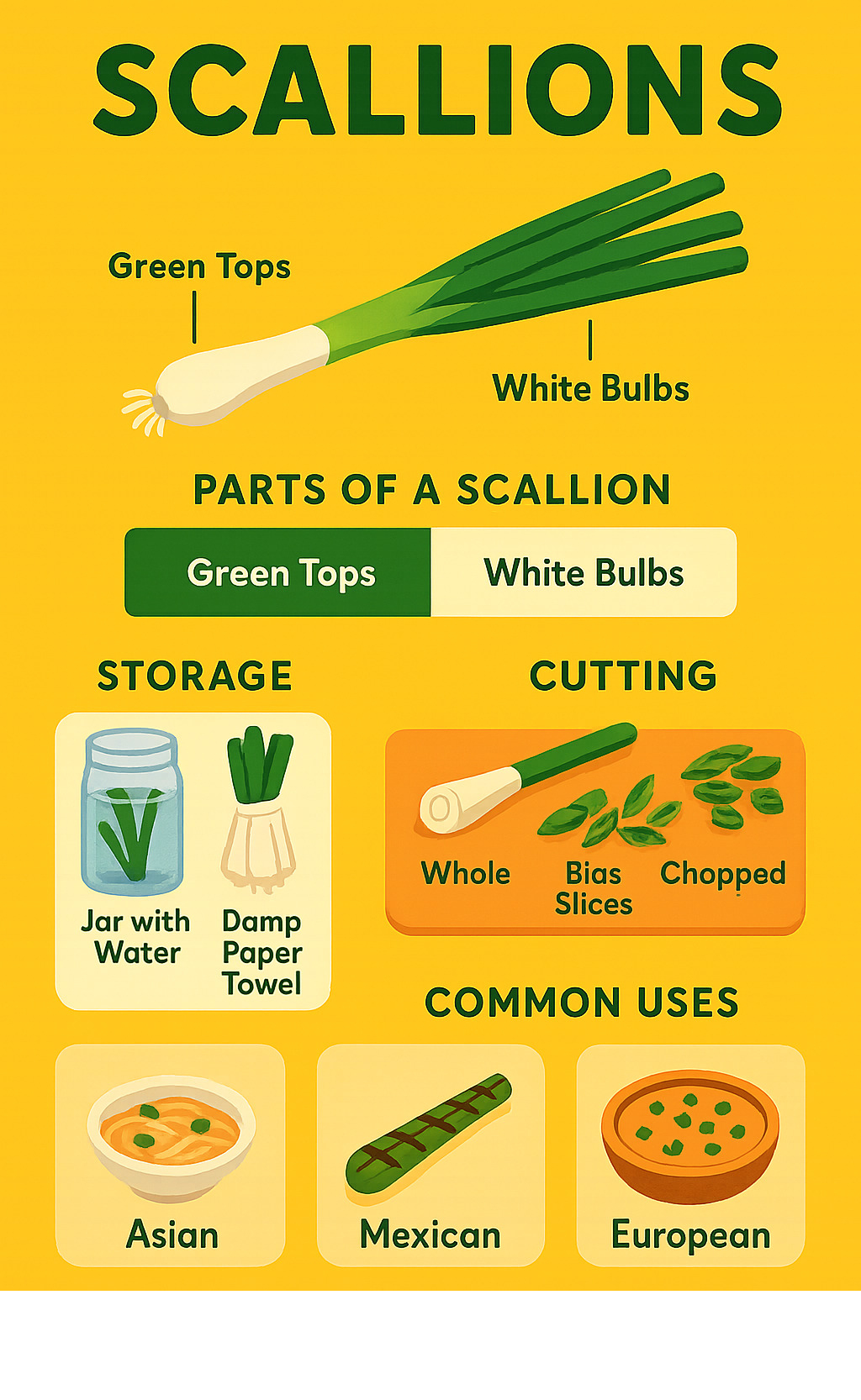 Comprehensive guide showing scallion identification, parts breakdown (white vs green sections), storage methods, basic cutting techniques, and common global uses in Asian, Mexican, and European cuisines - scallions infographic 