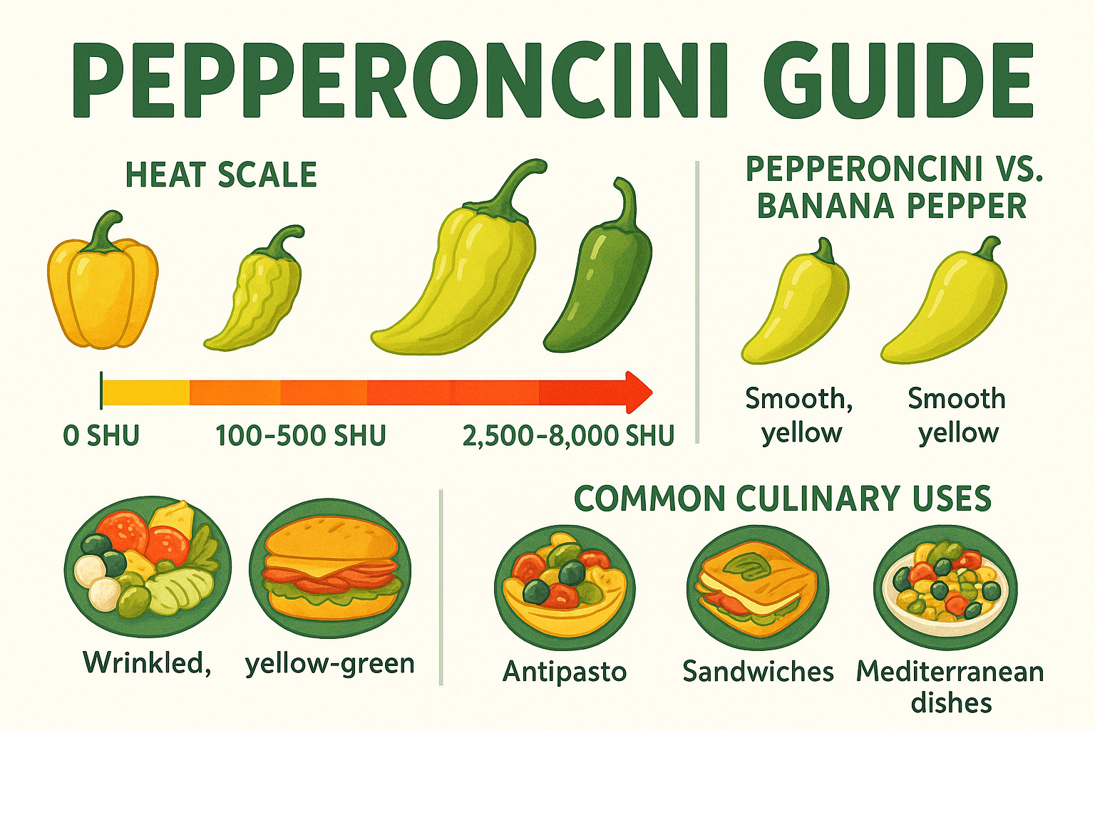 Comprehensive pepperoncini guide showing heat scale from 100-500 SHU compared to bell peppers at 0 SHU and jalapeños at 2,500-8,000 SHU, plus visual identification chart showing wrinkled yellow-green appearance versus smooth banana peppers, and common culinary uses including antipasto, sandwiches, and Mediterranean dishes - pepperoncini infographic 
