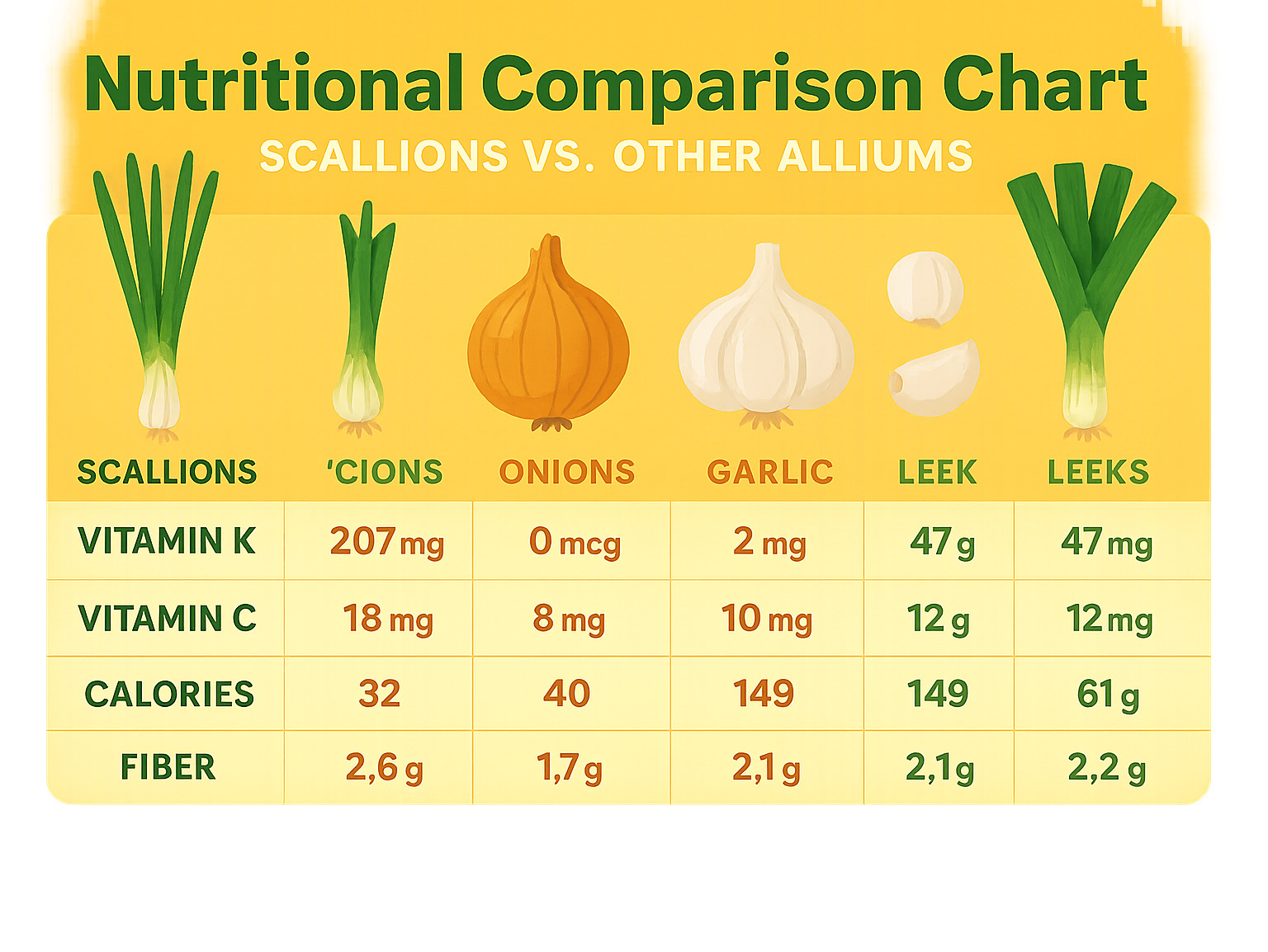 Nutritional comparison chart showing scallions vs other alliums (onions, garlic, leeks) with vitamin K, vitamin C, calories, and fiber content per 100g serving - scallions infographic 