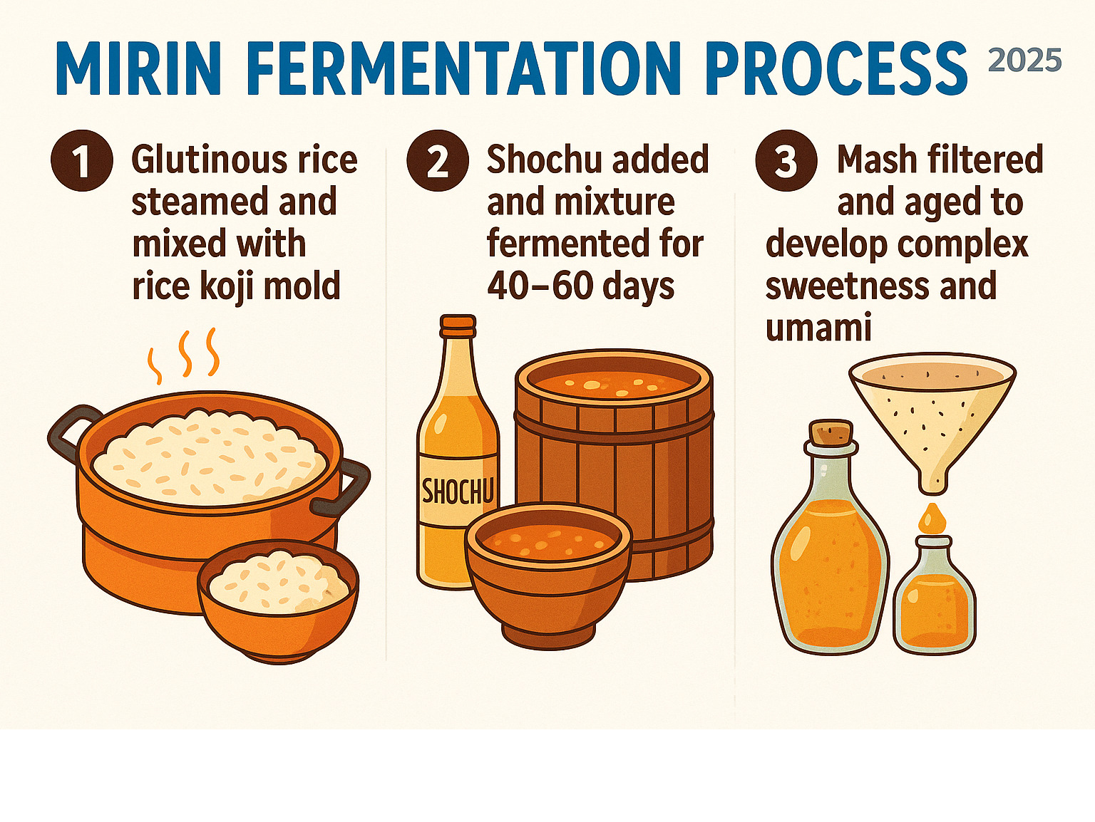 Infographic showing mirin's 3-step fermentation process: Step 1 - Glutinous rice steamed and mixed with rice koji mold, Step 2 - Shochu added and mixture fermented for 40-60 days, Step 3 - Mash filtered and aged to develop complex sweetness and umami - mirin infographic 