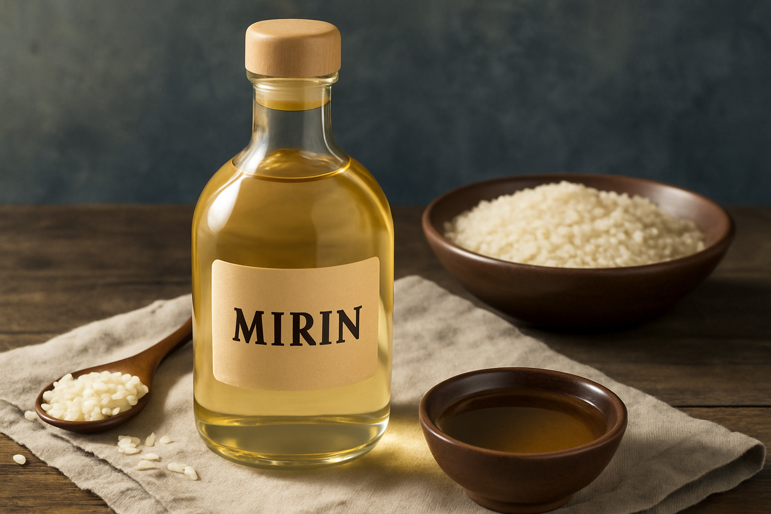 Various mirin bottle labels showing authentic vs. imitation products - mirin