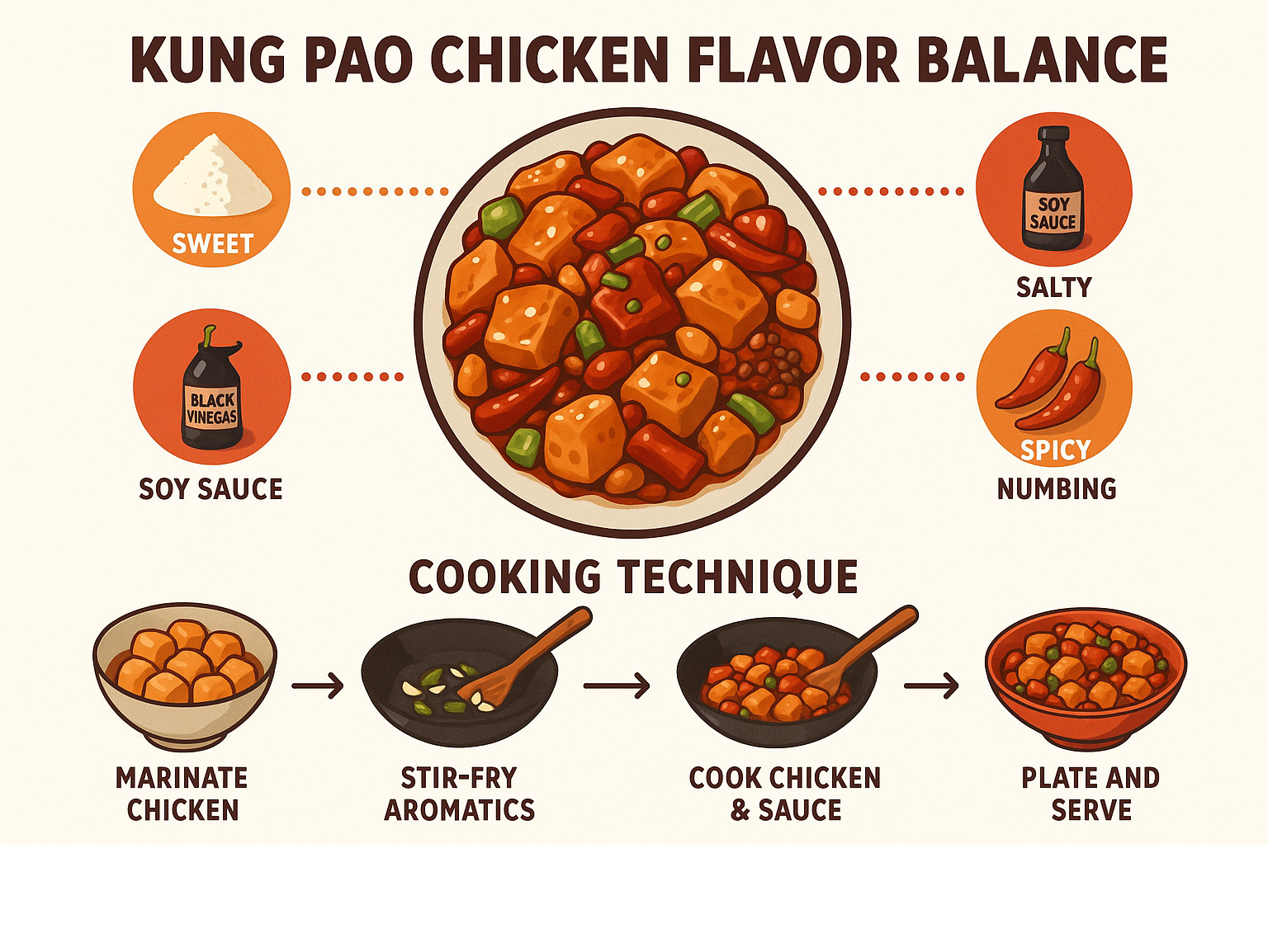 Detailed infographic showing kung pao chicken flavor balance with sections for sweet (sugar), sour (black vinegar), salty (soy sauce), spicy (dried chilies), and numbing (sichuan peppercorns) components, plus cooking technique steps from marinating chicken to final plating - kung pao chicken infographic 