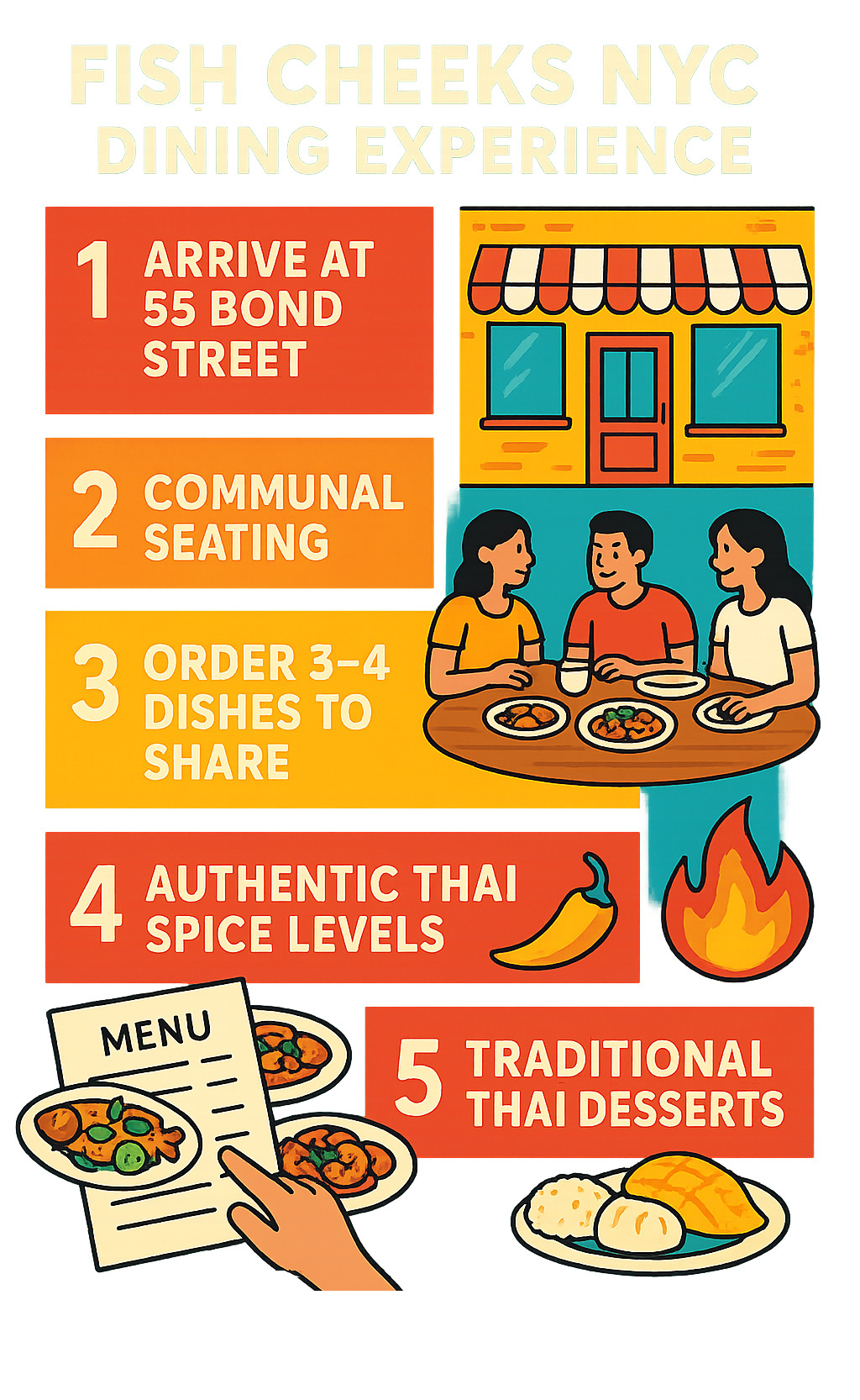 Fish Cheeks NYC dining experience infographic showing the 5-step journey from arrival at 55 Bond Street through communal seating, family-style ordering of 3-4 dishes to share, experiencing authentic Thai spice levels, and finishing with traditional Thai desserts -  fish cheeks nyc infographic 