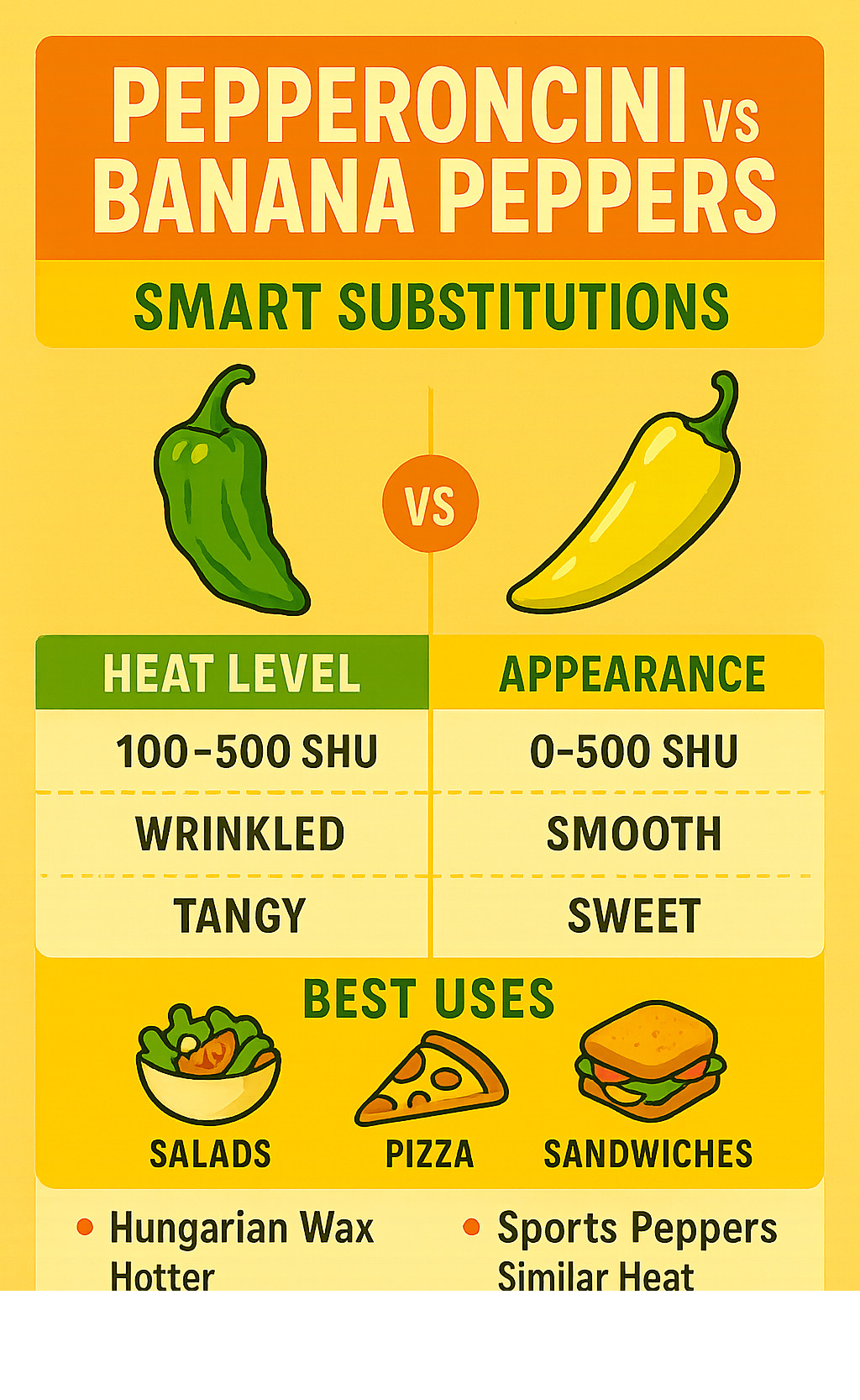 Detailed comparison chart showing pepperoncini vs banana peppers with visual differences, heat levels, flavor profiles, and best culinary applications, plus substitution guide for various recipes - pepperoncini infographic 