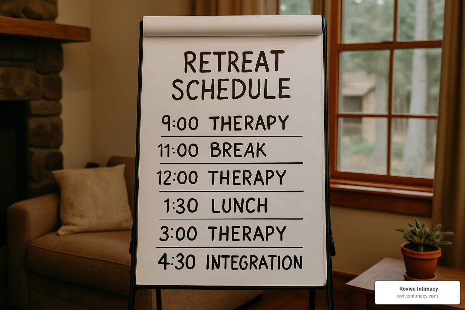 Sample retreat schedule showing daily therapy blocks, break times, and integration activities - couples intensive retreats