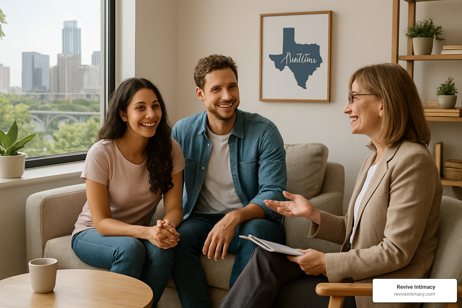 Happy couple working with therapist in comfortable Austin-area therapy setting - couples intensive retreats