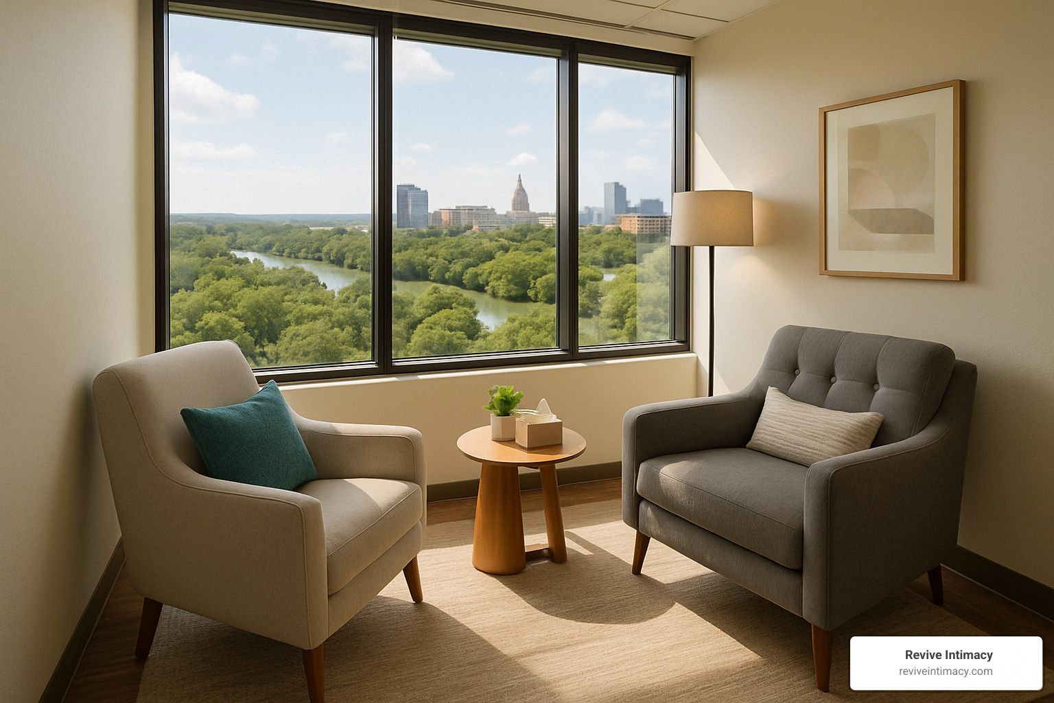 Private therapy room with comfortable seating, natural lighting, and calming Austin-area views - couples intensive retreats