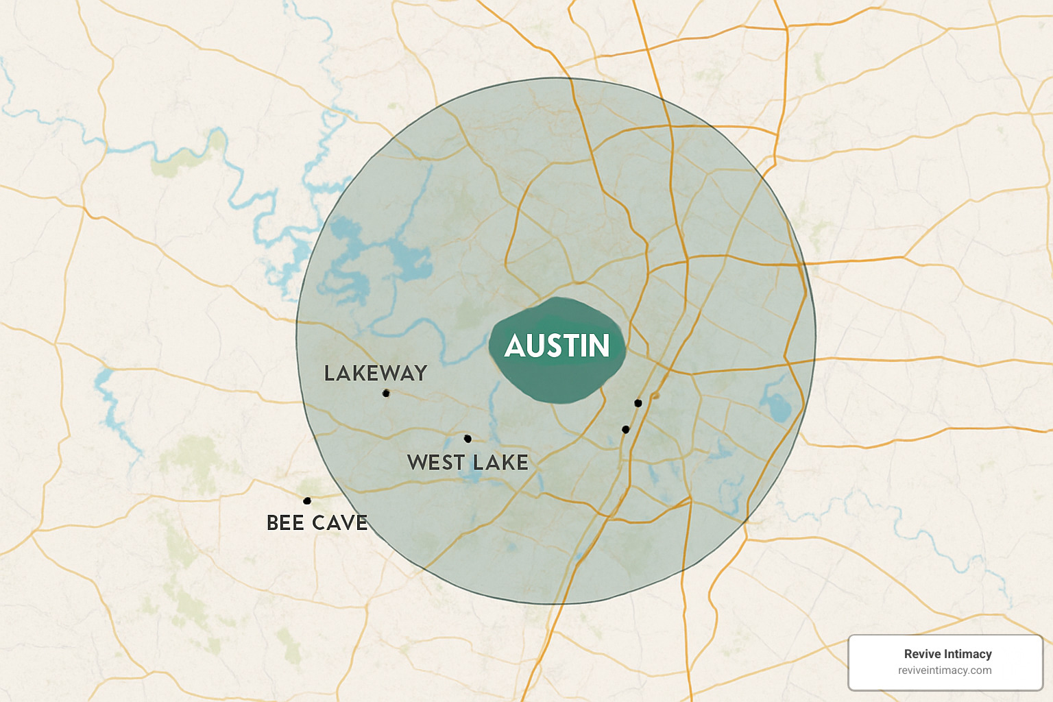 Texas map highlighting Austin metropolitan area service radius including Lakeway, Westlake, and Bee Cave - couples intensive therapy near me