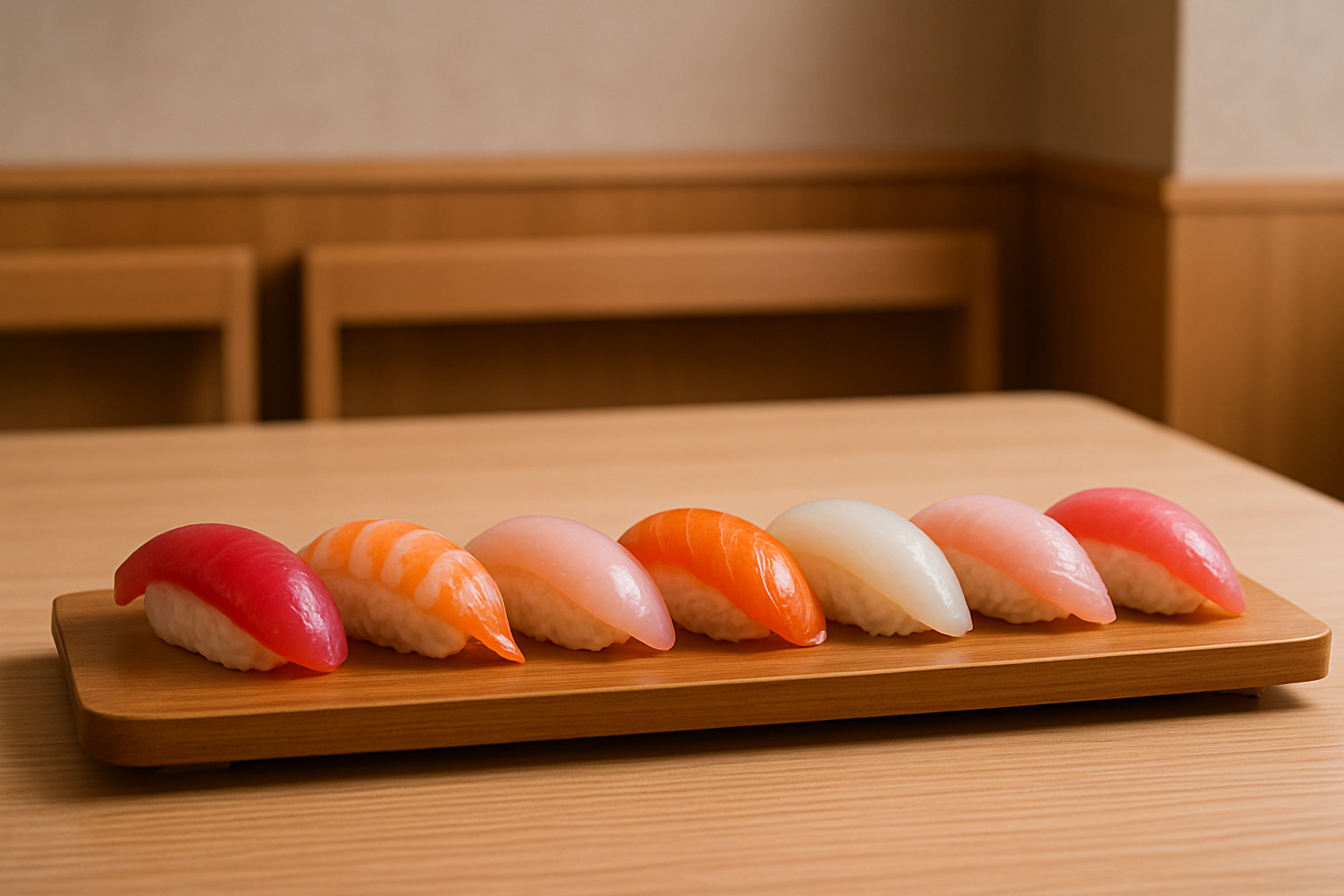 Perfectly formed nigiri pieces arranged on a wooden board, showcasing the jewel-like quality of each piece with glistening fish and perfectly seasoned rice - sushi noz