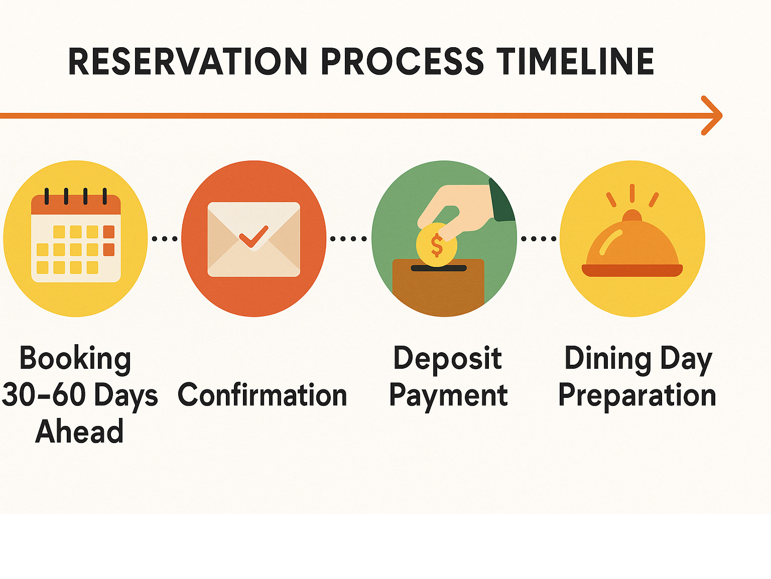Infographic showing the reservation process timeline, from booking 30-60 days ahead through confirmation, deposit payment, and dining day preparation - sushi noz infographic 