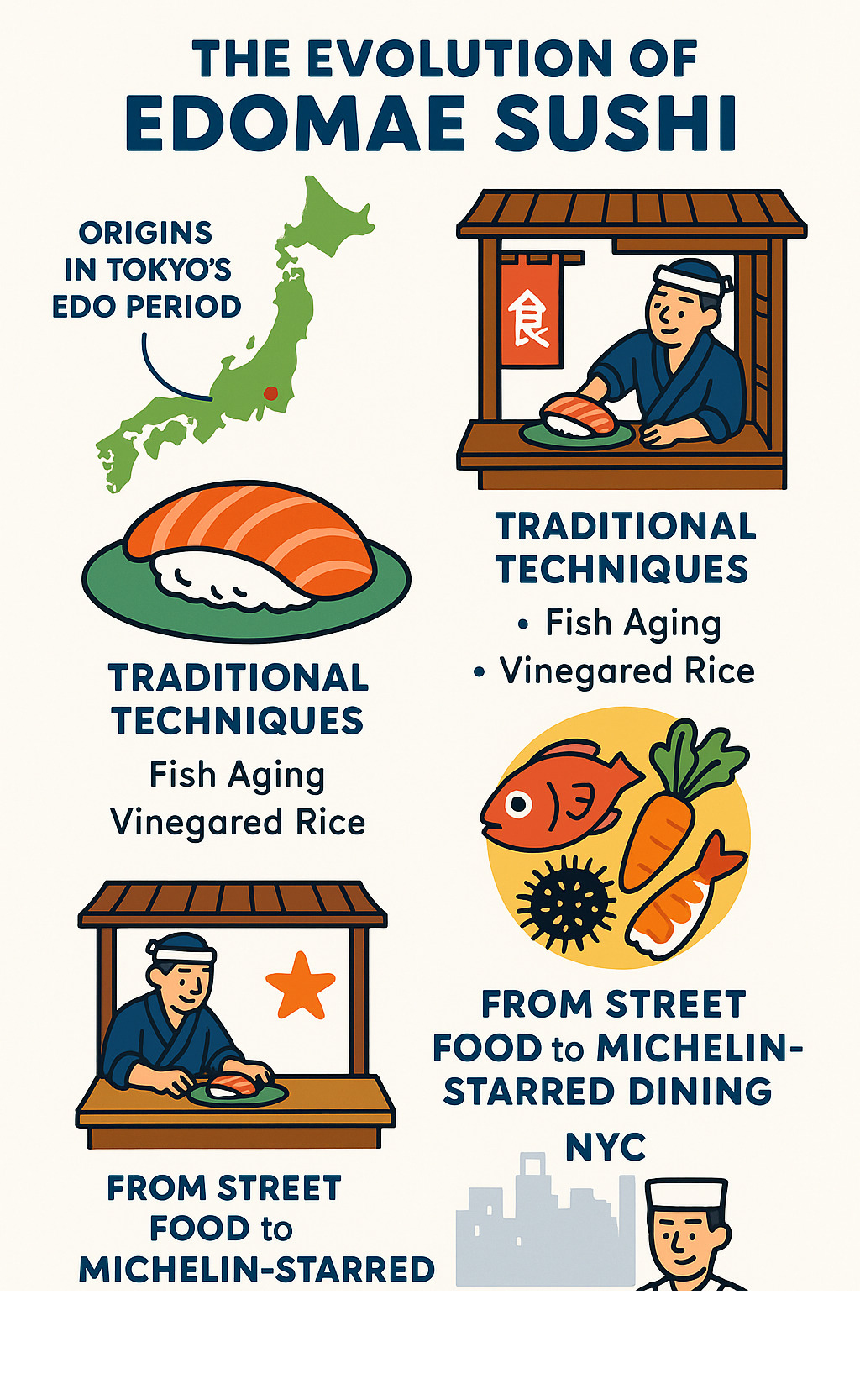 Detailed infographic showing the evolution of Edomae sushi from Tokyo's Edo period to modern NYC, featuring traditional techniques, seasonal ingredients, and the journey from street food to Michelin-starred dining - sushi noz infographic 