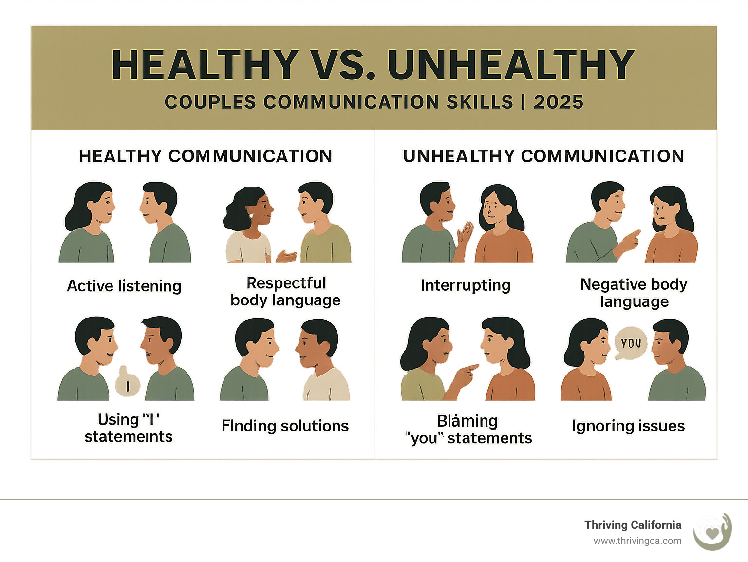 Infographic comparing healthy vs unhealthy communication patterns side by side - couples communication skills infographic 
