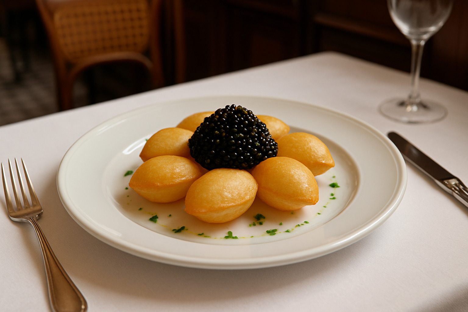 signature dishes including pommes soufflées with caviar - le veau d'or