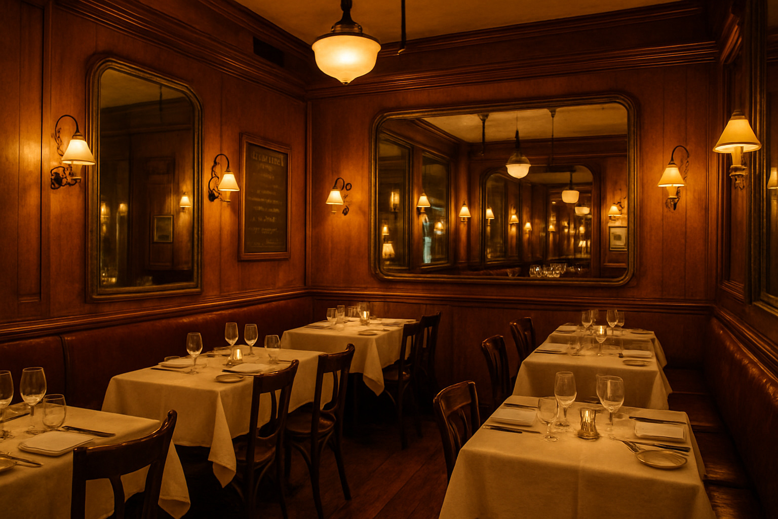 main dining room with wood paneling and vintage mirrors - le veau d'or