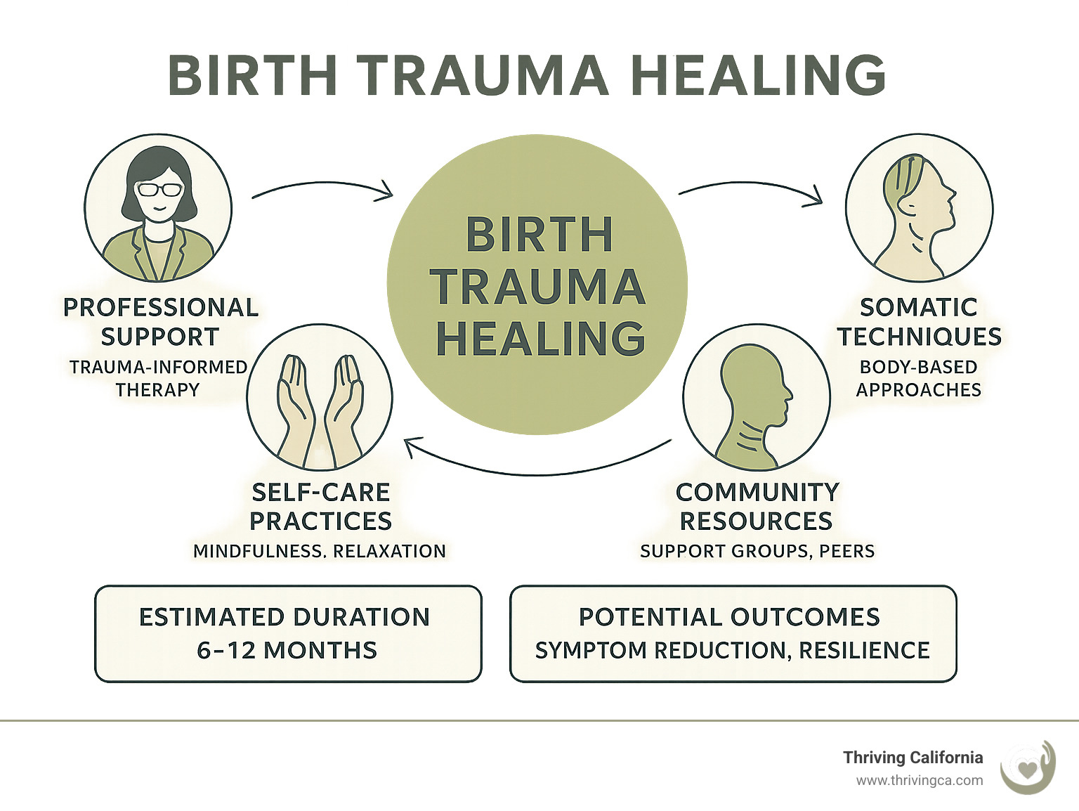 Comprehensive overview of birth trauma healing process showing interconnected elements of professional support, self-care practices, somatic techniques, and community resources with timeline expectations and outcome measures - birth trauma healing infographic 