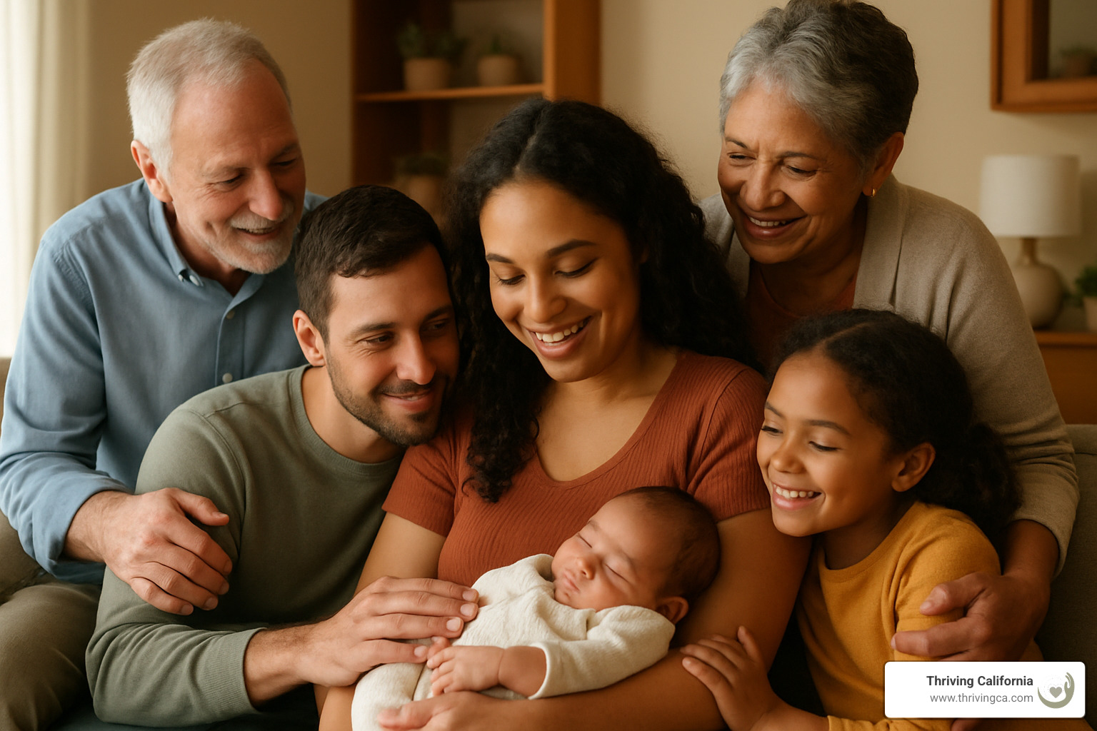 supportive family gathered around new mother - how to heal from birth trauma