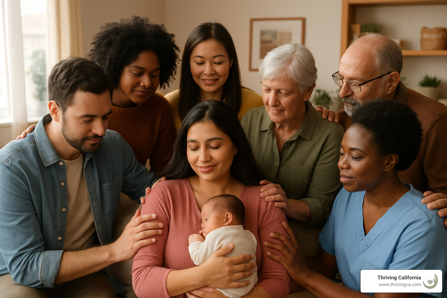 diverse support circle around new mother - postpartum emotional support