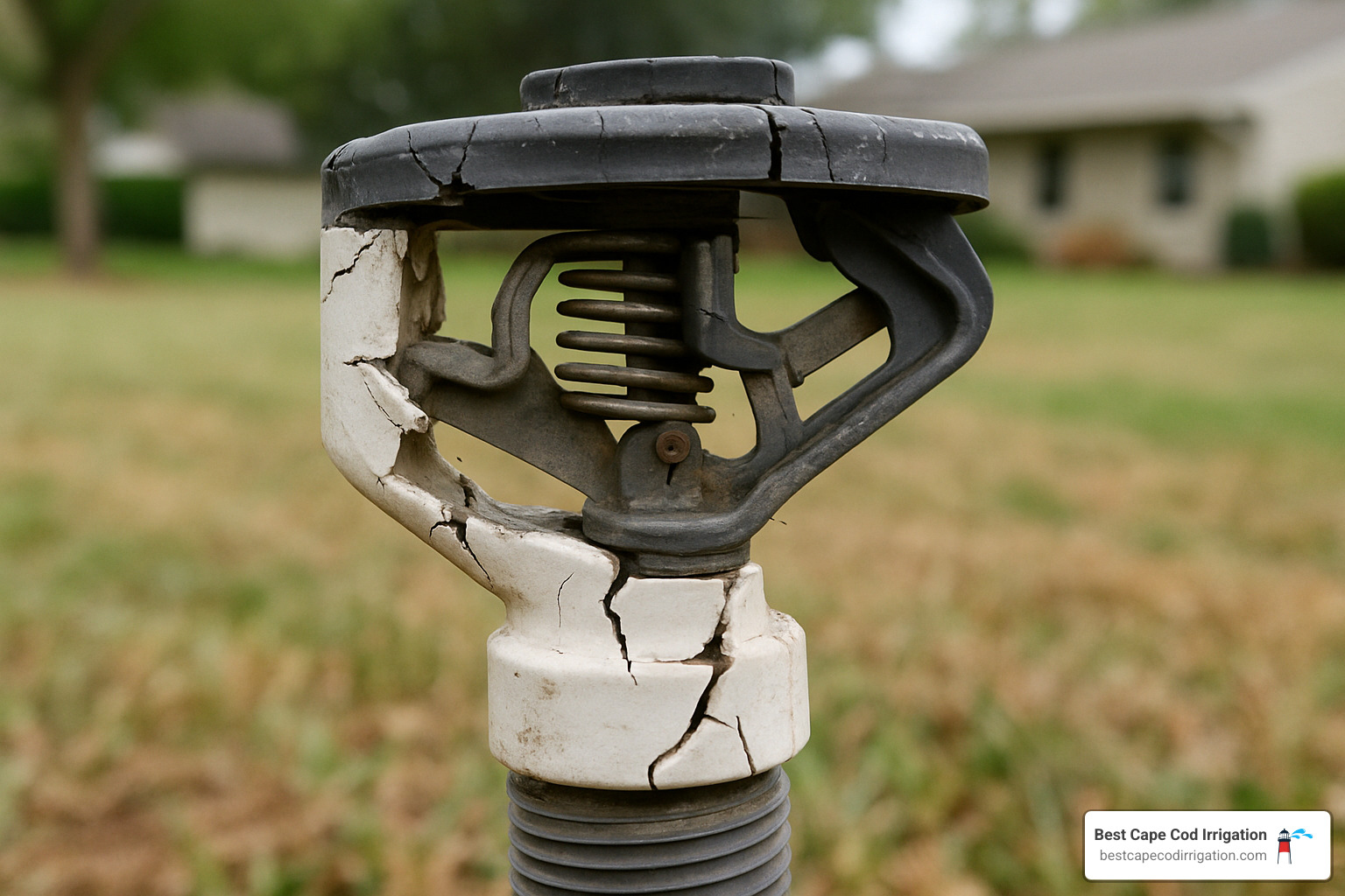 damaged sprinkler head showing cracked plastic casing and bent internal components typical of winter freeze damage - Residential sprinkler system maintenance