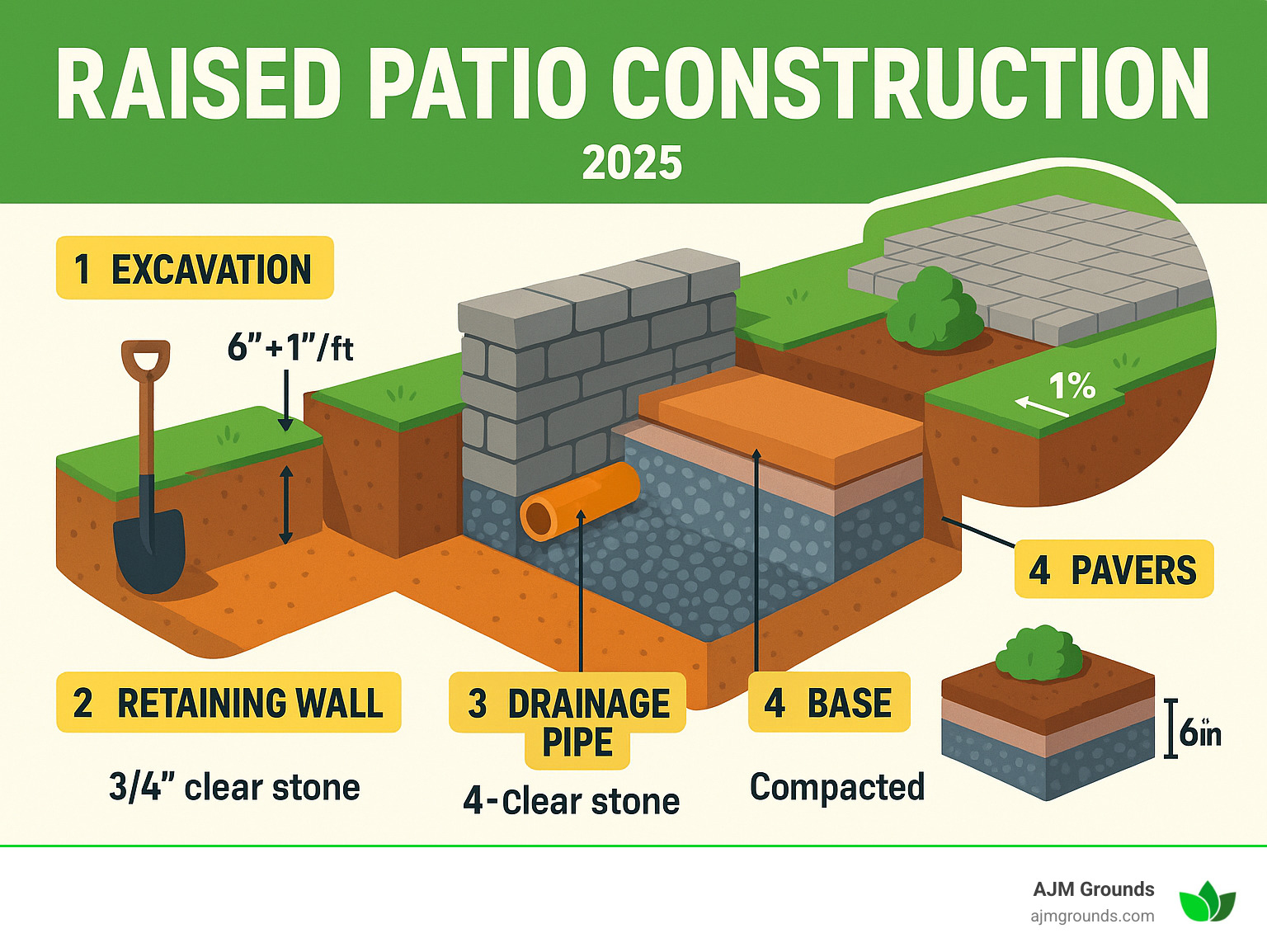 Detailed infographic showing raised patio construction steps including excavation depths, retaining wall installation, drainage pipe placement, base preparation layers, and final paver installation with measurements and material specifications - Raised patio construction infographic 