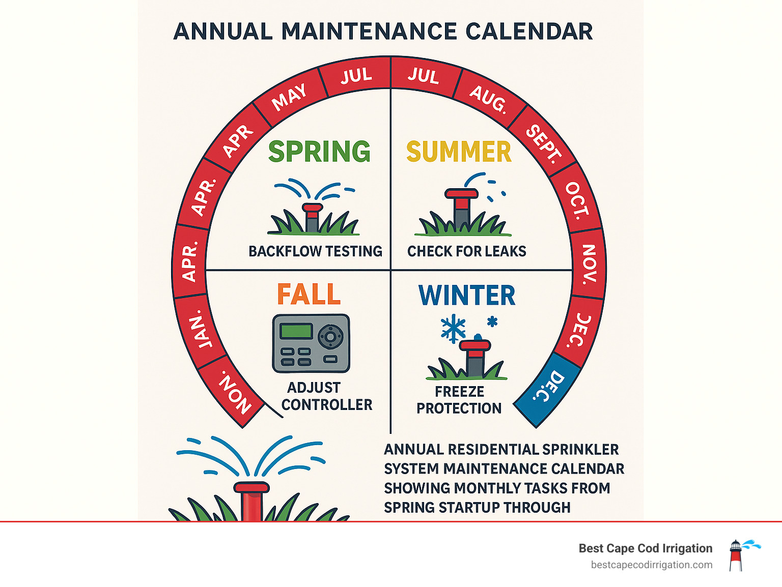 Annual residential sprinkler system maintenance calendar showing monthly tasks from spring startup through winterization, with specific Cape Cod timing for backflow testing, leak checks, controller adjustments, and freeze protection steps - Residential sprinkler system maintenance infographic 