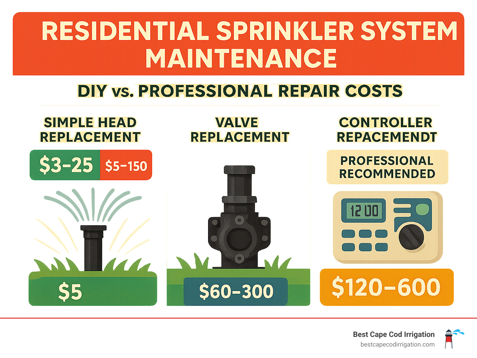 Comparison infographic showing DIY vs professional repair costs: simple head replacement $3-25 DIY vs $50-150 professional, valve replacement $60-300 professional only, controller replacement $120-600 professional recommended - Residential sprinkler system maintenance infographic 