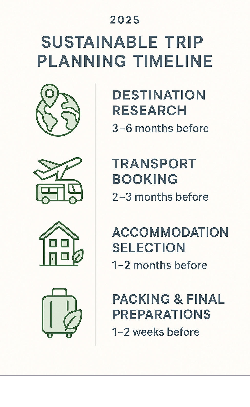 Infographic showing sustainable trip planning timeline with key decision points: destination research (3-6 months prior), transport booking (2-3 months), accommodation selection (1-2 months), and packing/final preparations (1-2 weeks) - sustainable travel guide infographic 