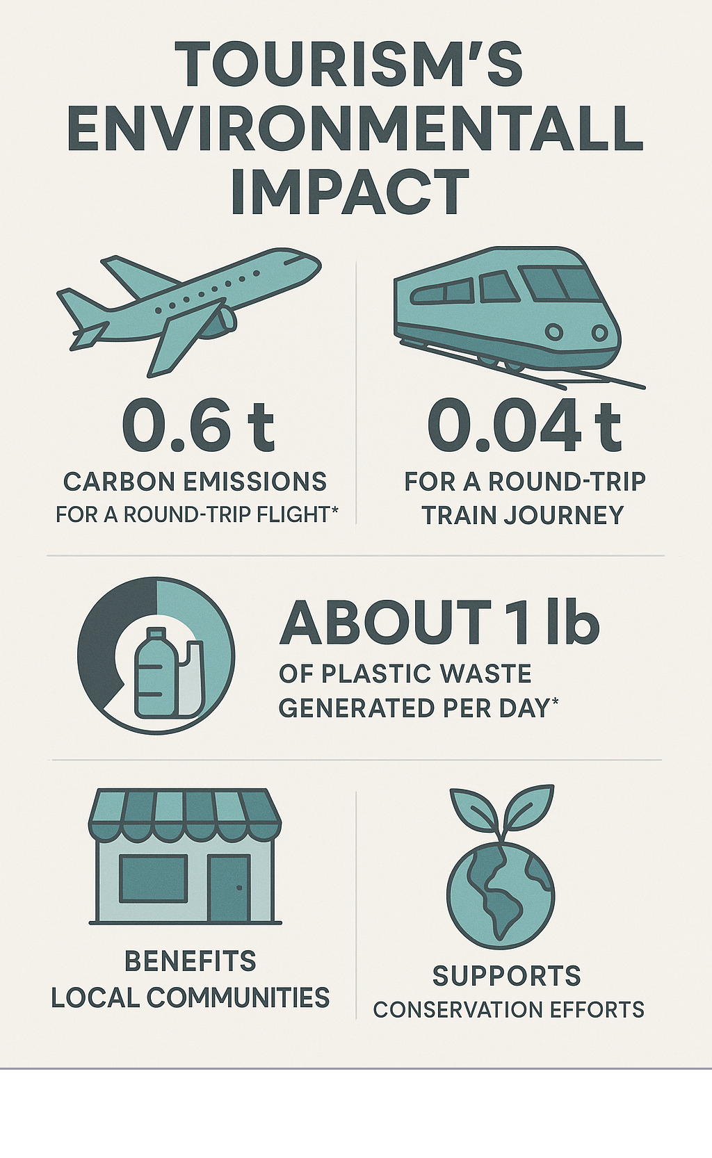 Infographic showing tourism's environmental impact compared to daily activities, including carbon emissions from flights versus trains, plastic waste statistics, and positive economic contributions to local communities and conservation efforts - sustainable travel guide infographic 