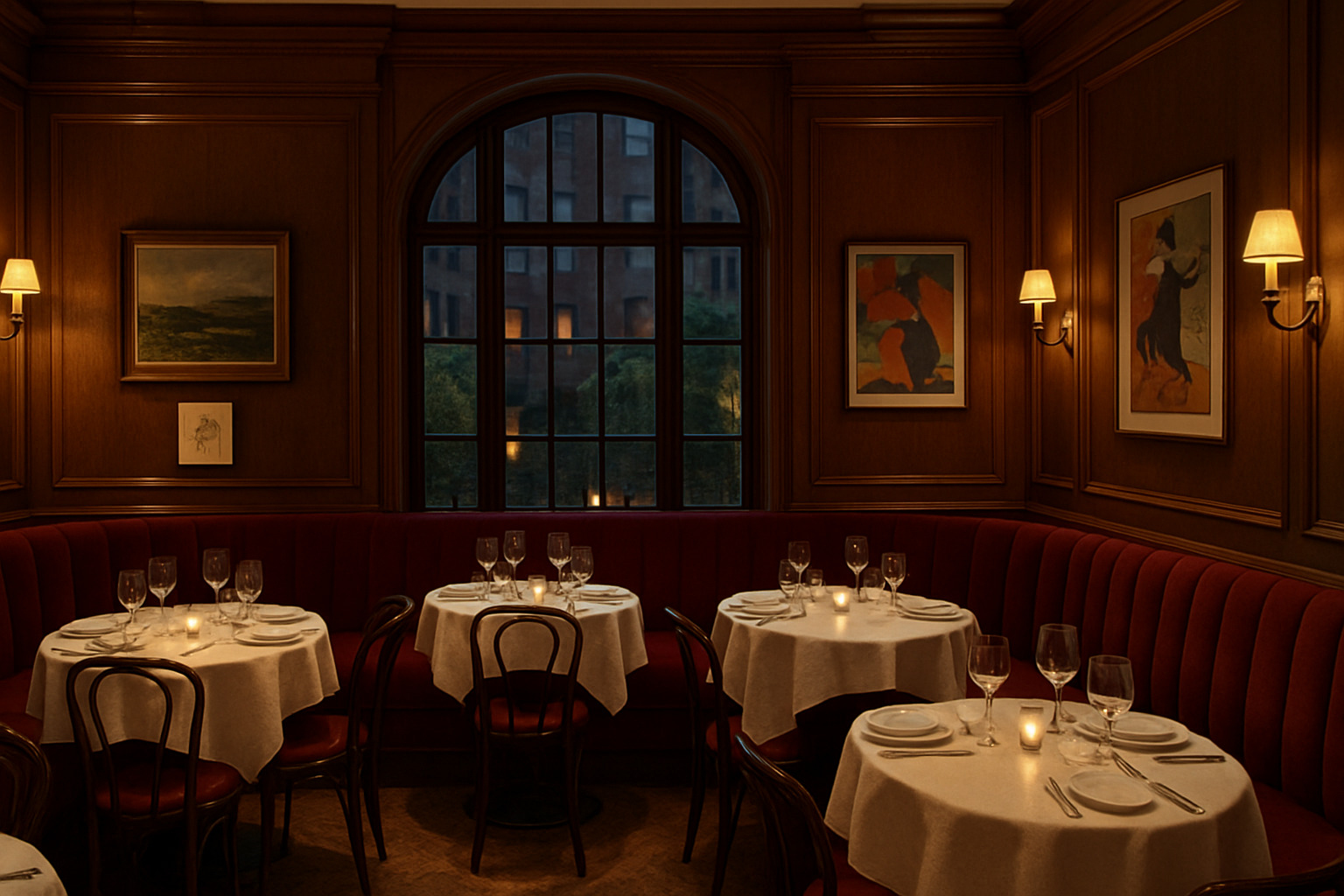 Neat ground-floor dining room with mahogany paneling and curved banquettes - chez fifi