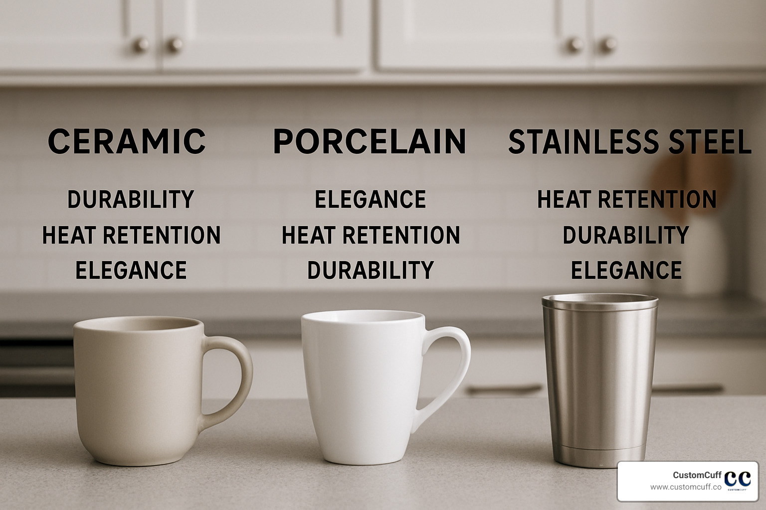 Material comparison showing ceramic, porcelain, and stainless steel mug options with their key features - mugs for husband and wife