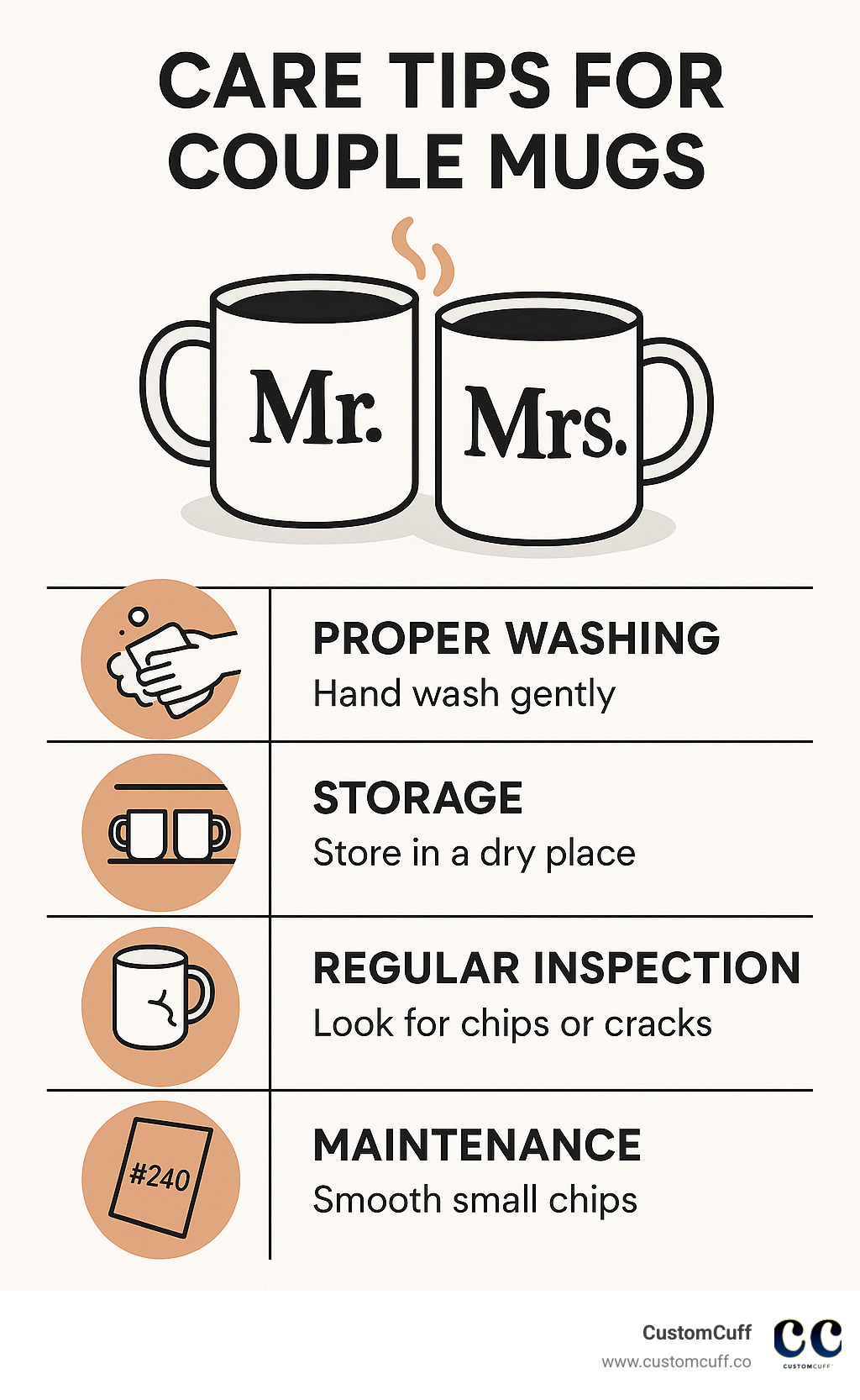 Infographic showing care tips for couple mugs including proper washing, storage, and maintenance guidelines - mugs for husband and wife infographic 
