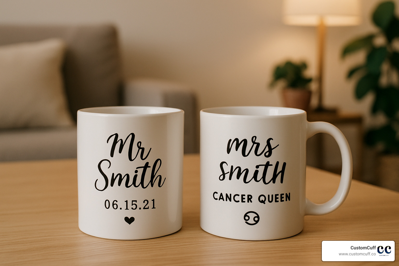 Creative personalization examples including names, wedding dates, and custom messages on couple mugs - mugs for husband and wife