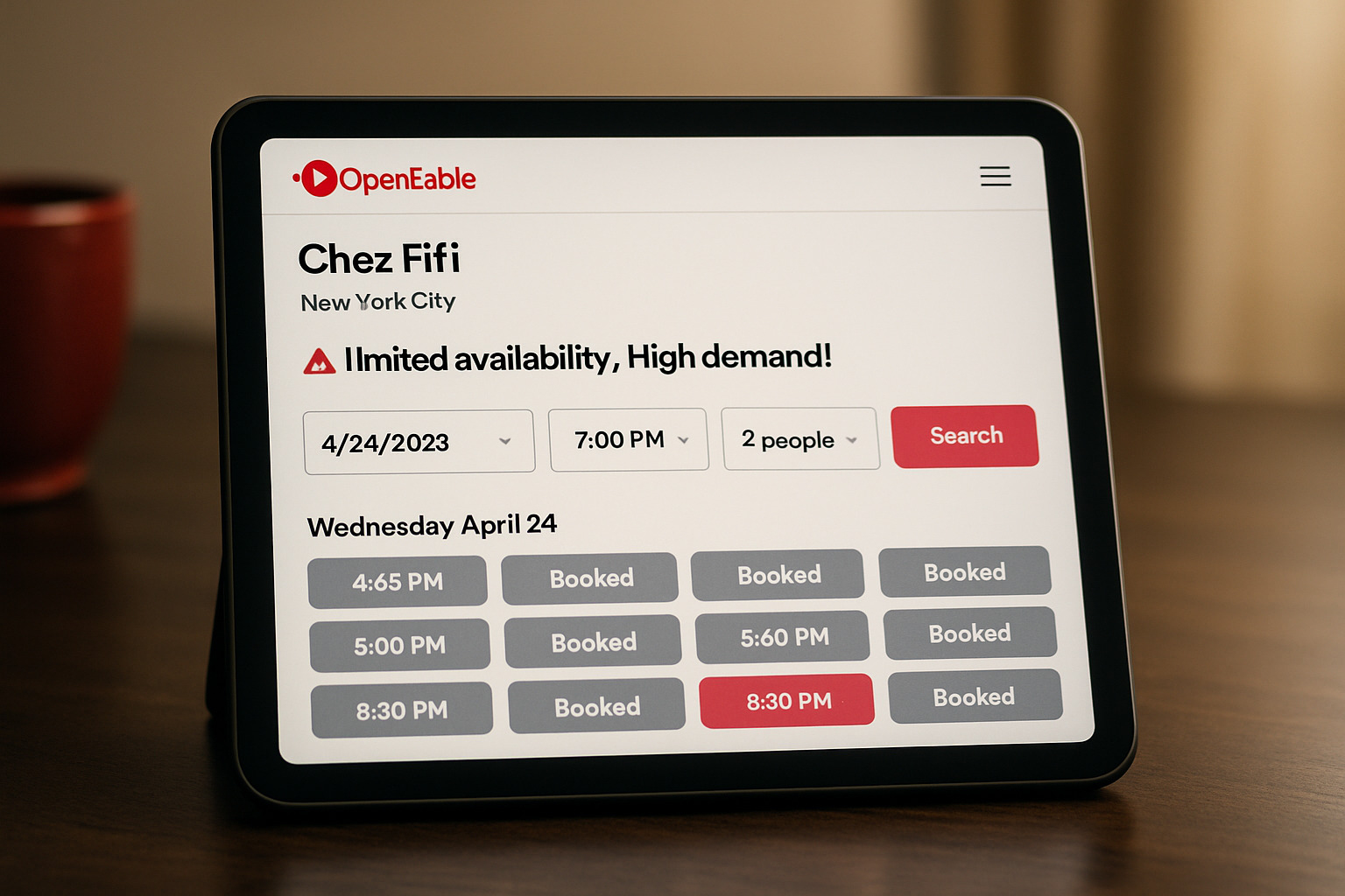 OpenTable reservation screen showing high demand for Chez Fifi - chez fifi