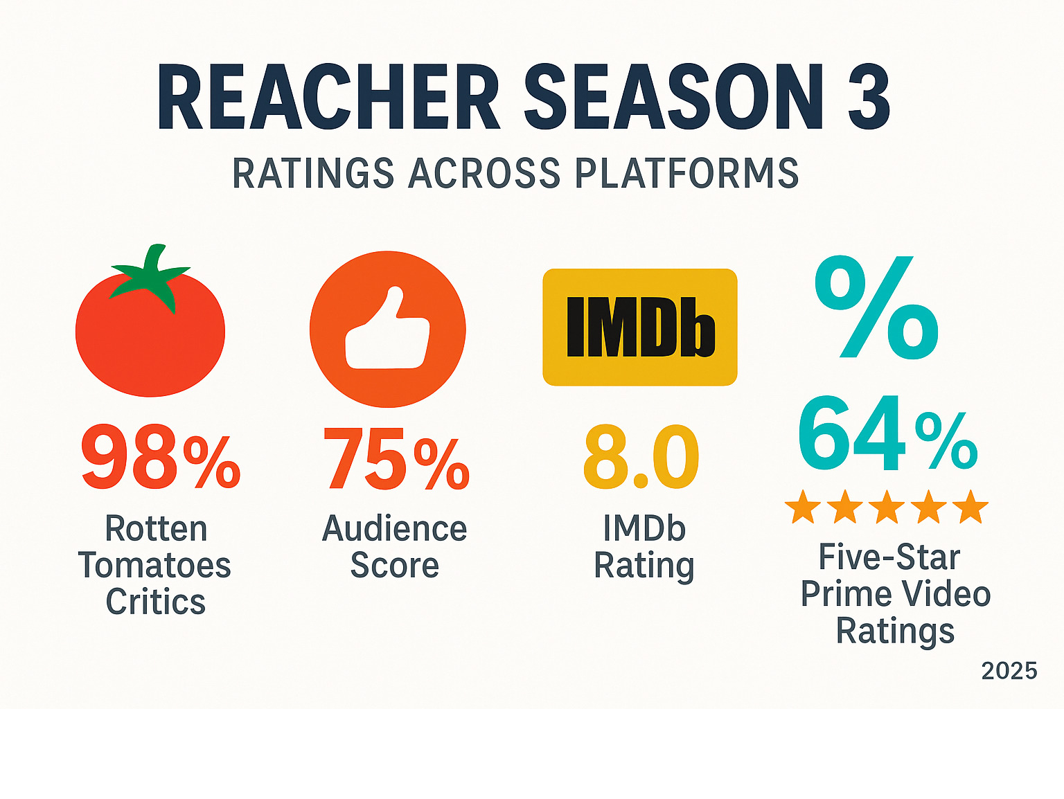 infographic showing reacher season 3 ratings across platforms - 98% rotten tomatoes critics, 75% audience score, 8.0 imdb rating, 64% five-star prime video ratings - reacher season 3 infographic