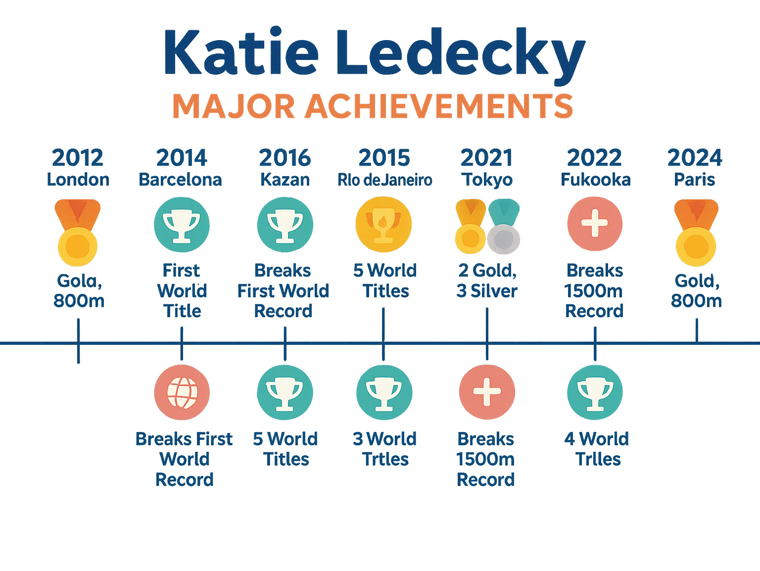 Comprehensive timeline infographic showing Katie Ledecky's major achievements from 2012 London Olympics through 2024 Paris Olympics, including Olympic medals, World Championship titles, world records broken, and key career milestones with dates and locations - katie ledecky infographic 
