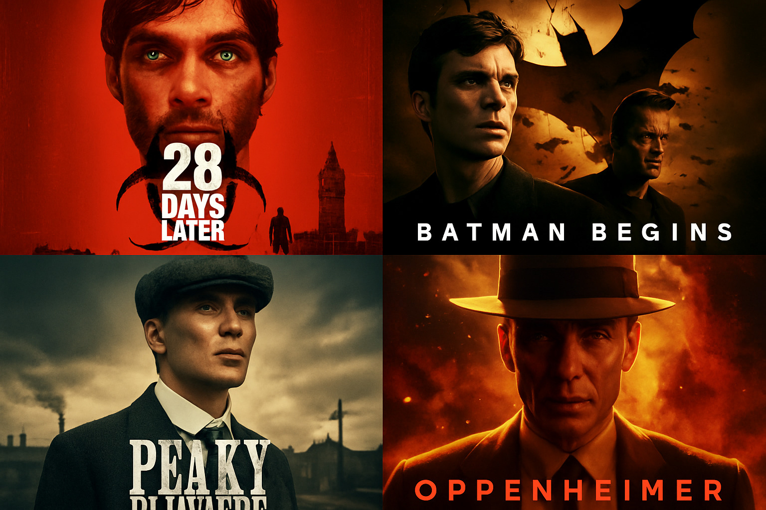 Major film posters featuring Cillian Murphy including 28 Days Later, Batman Begins, Peaky Blinders, and Oppenheimer - cillian murphy